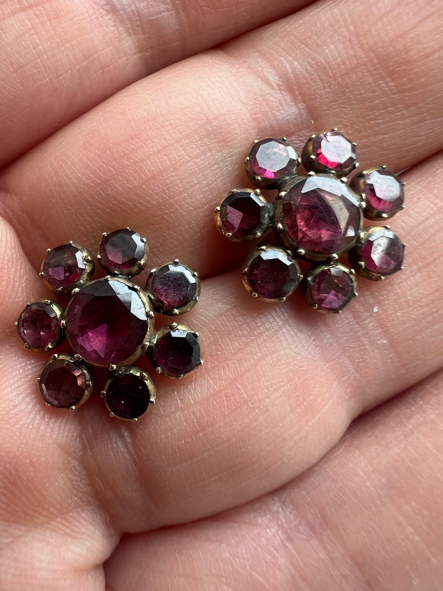 Authentic Georgian Foil Backed Gold Flat Cut Garnet Regency Earrings for Pierced Ears