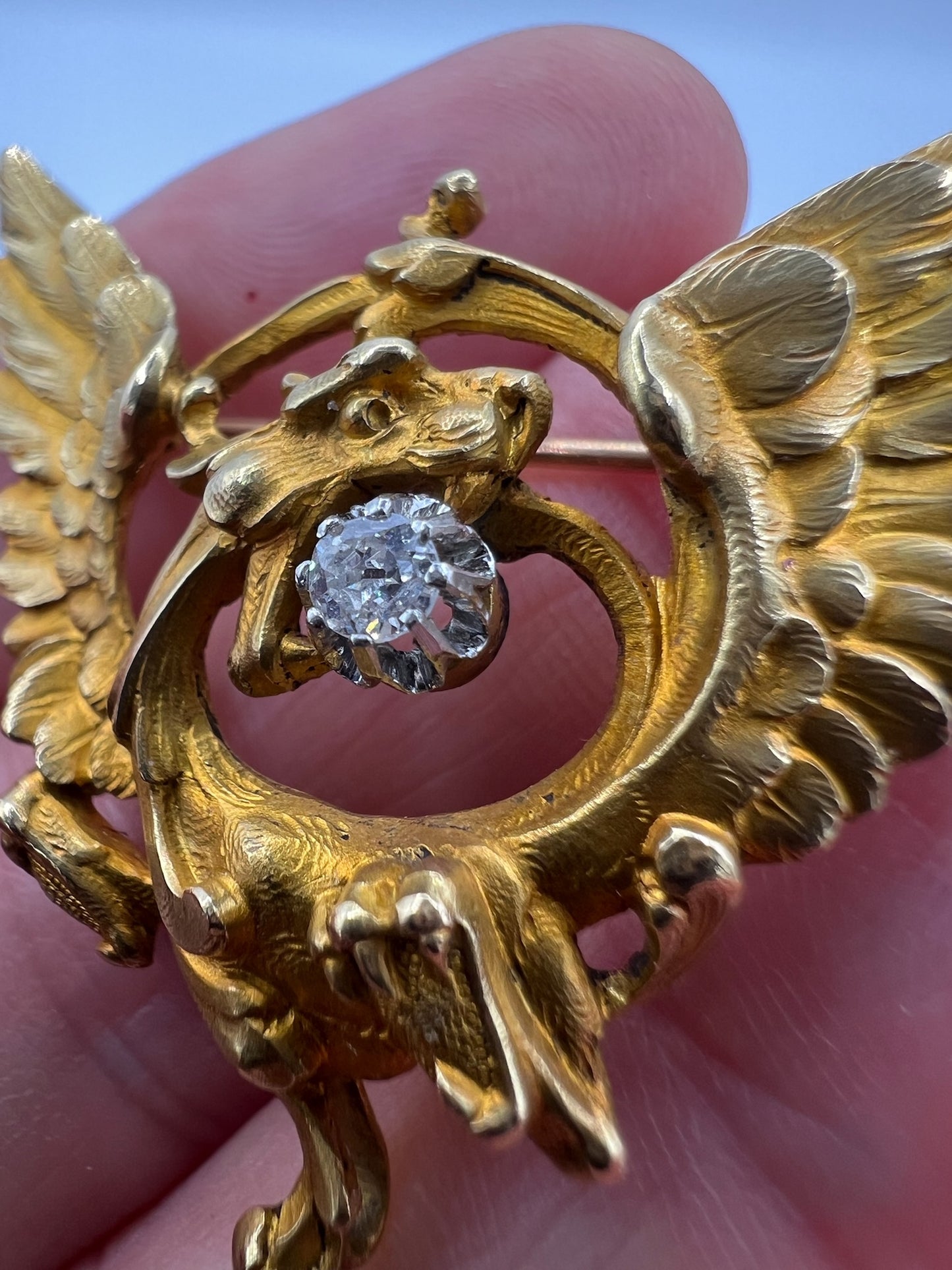 Wonderful French Art Nouveau 18 Carat Gold Diamond Griffin Chimera Brooch Pendant