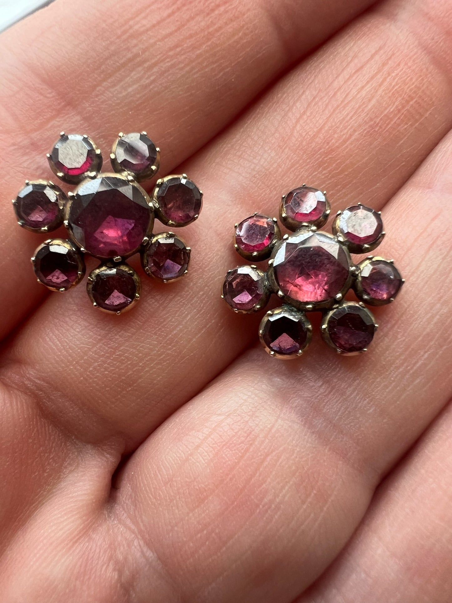Authentic Georgian Foil Backed Gold Flat Cut Garnet Regency Earrings for Pierced Ears