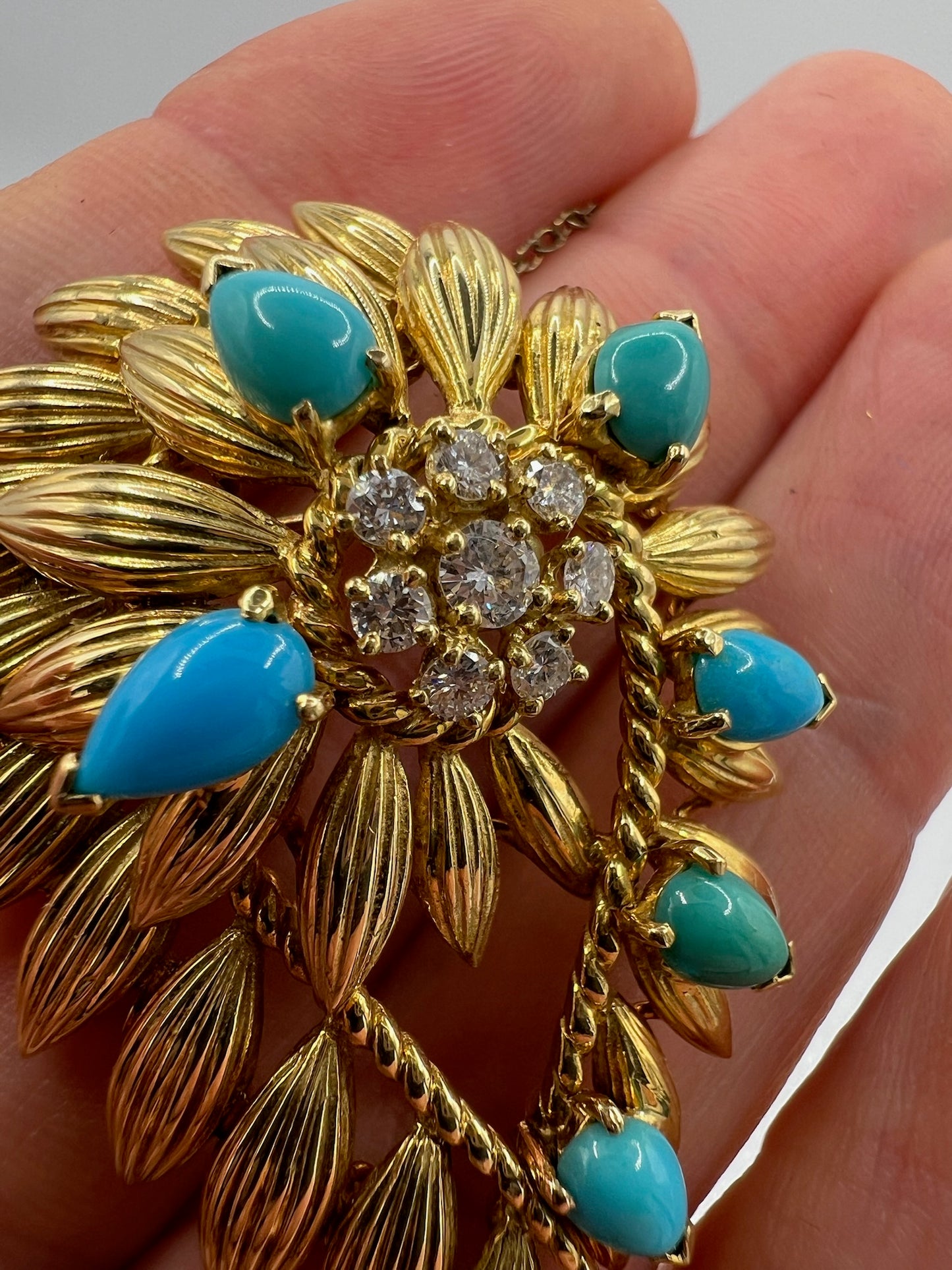 Ben Rosenfeld Heavy 18ct Gold Turquoise Diamond Brooch Pin Mid Century Modern