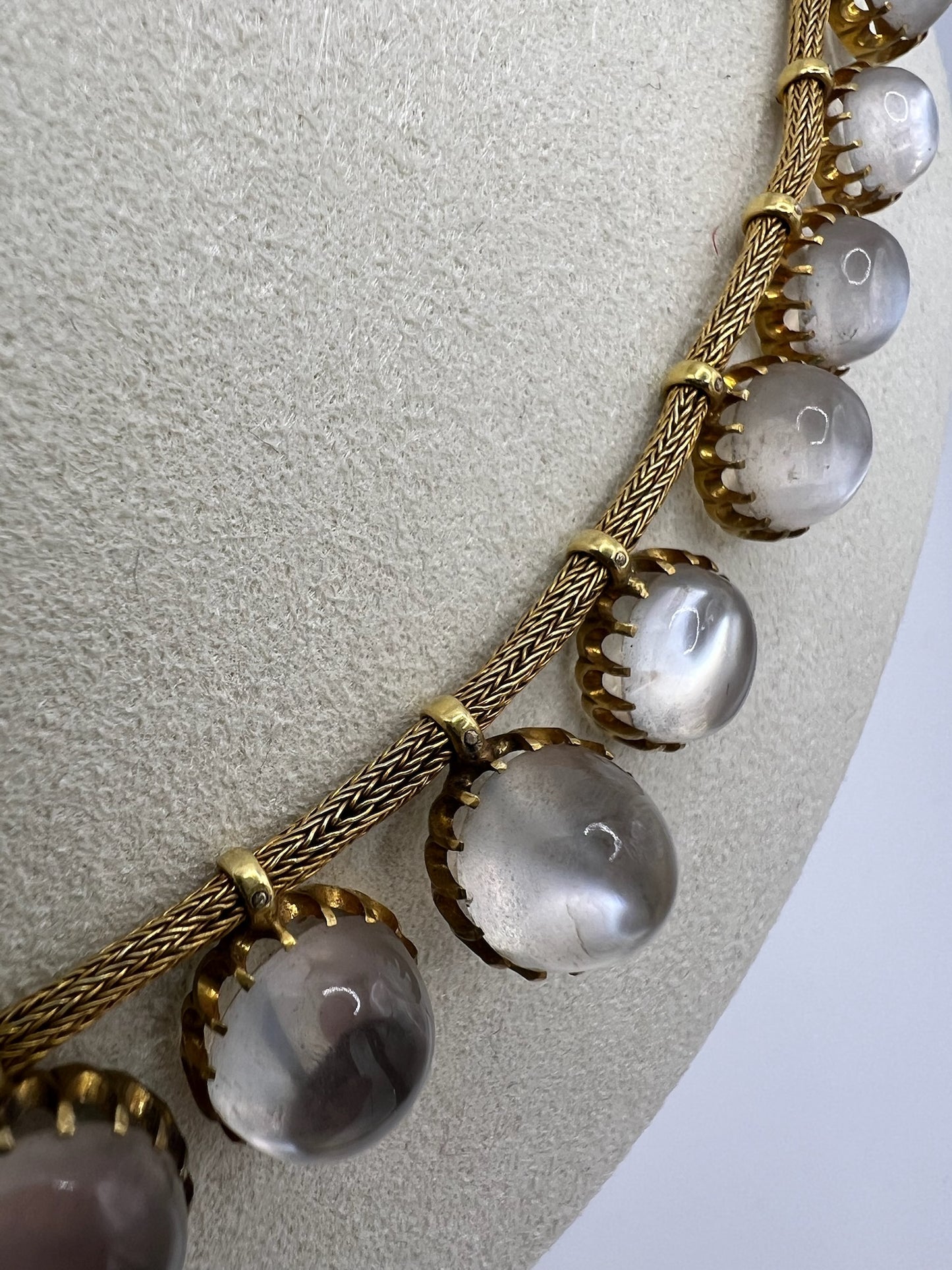 Antique Late Victorian / Edwardian Moonstone Festoon Fringe Necklace in High Carat Gold