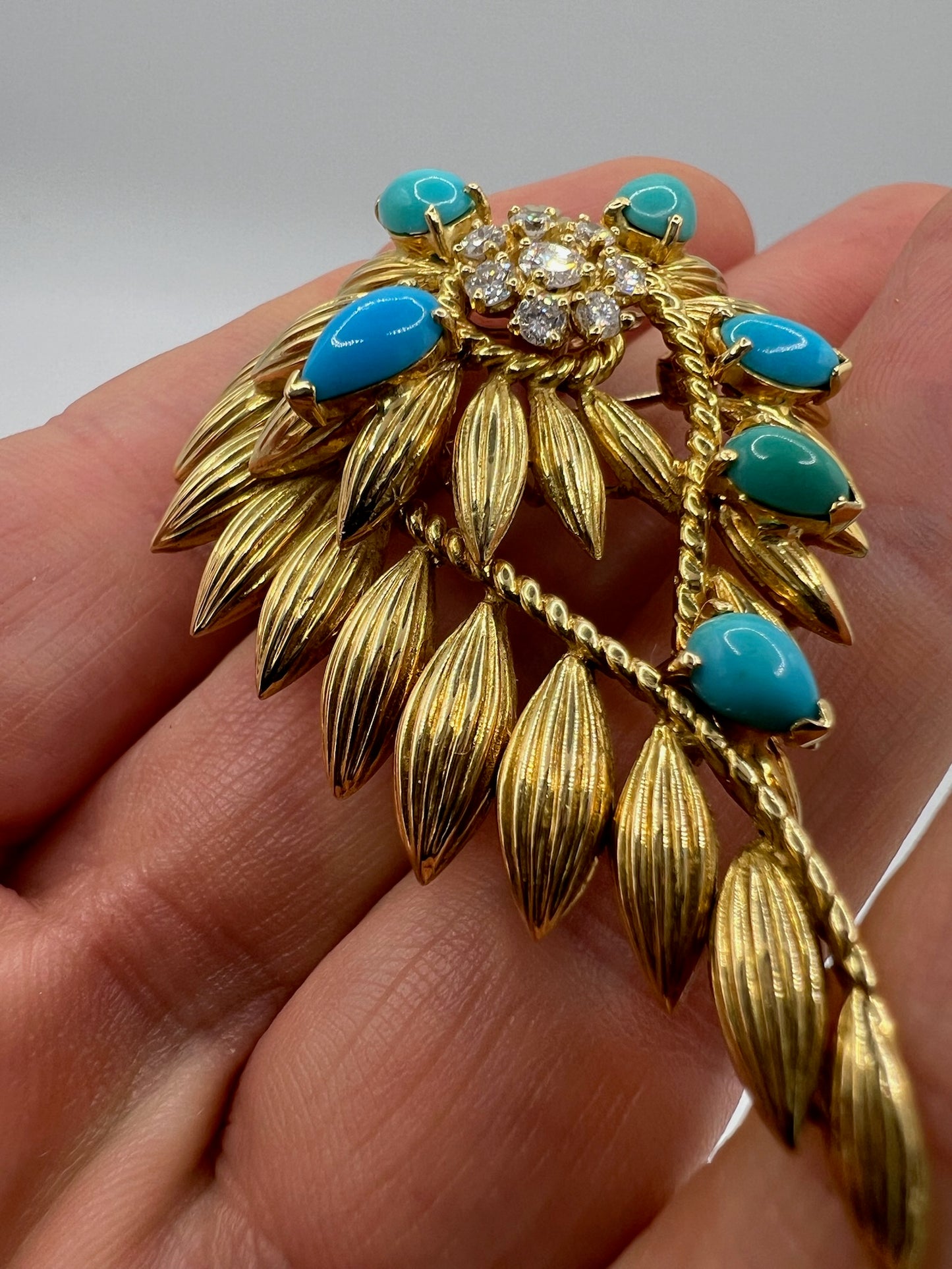 Ben Rosenfeld Heavy 18ct Gold Turquoise Diamond Brooch Pin Mid Century Modern