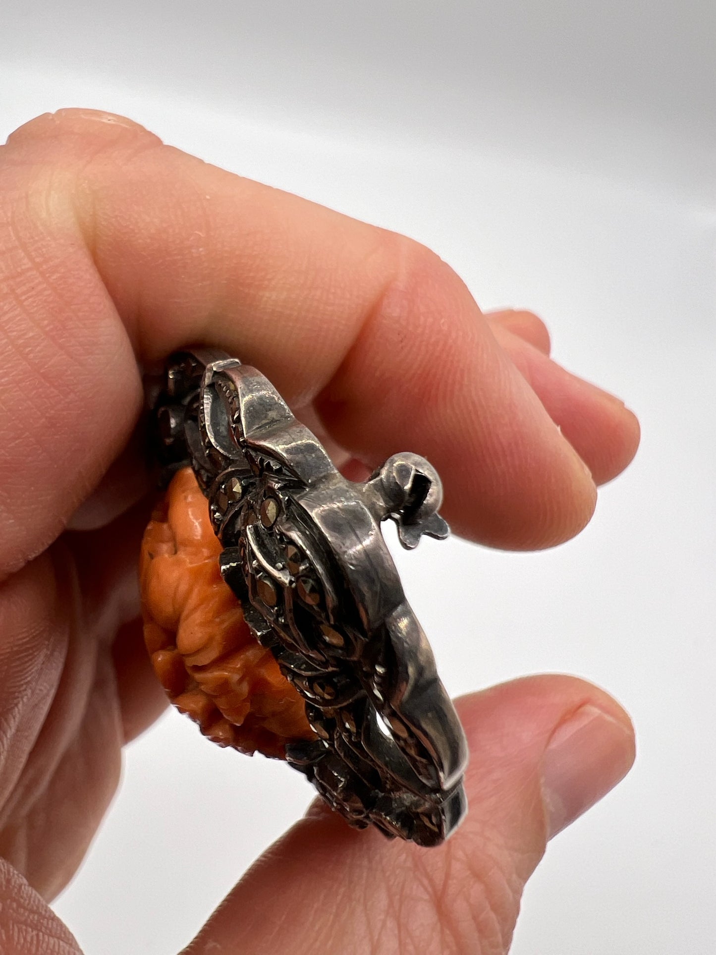 RESERVED Kathleen Large Art Deco 1920s Carved Coral Cameo Silver Marcasite Brooch Arts & Crafts
