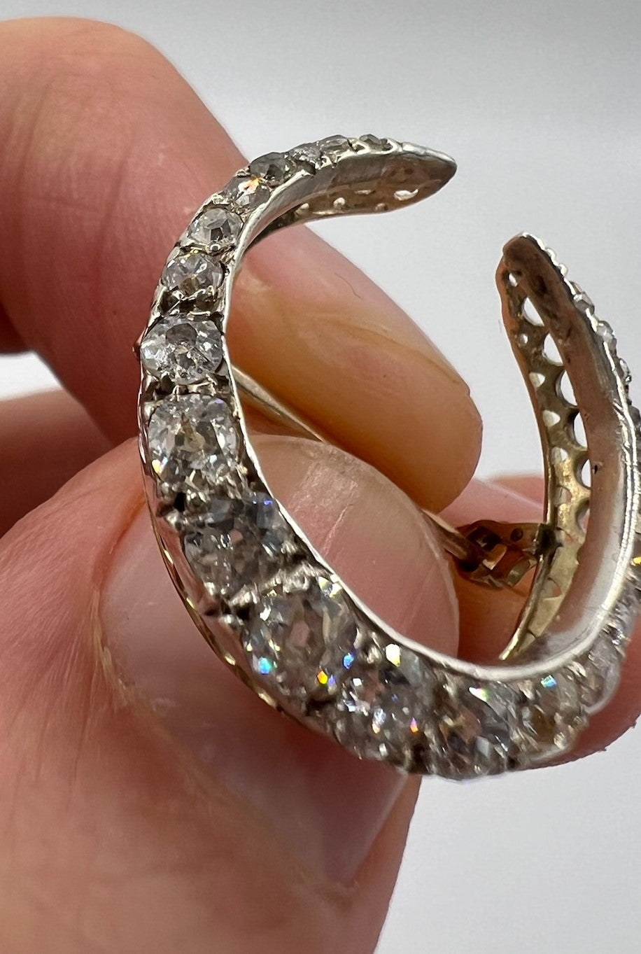 Edwardian early 20th C Old Cut Diamond Crescent Brooch Gold and Platinum