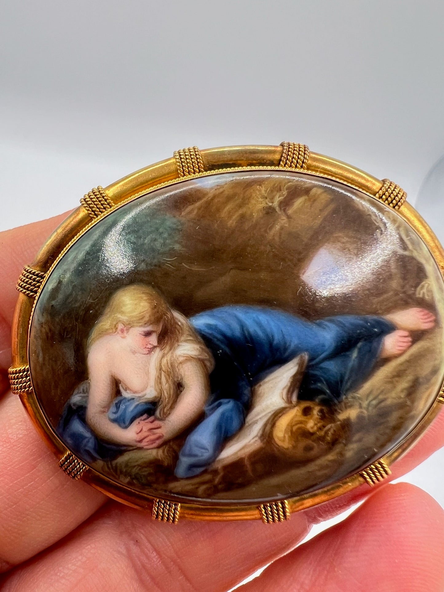 Reclining Lady Portrait Berlin Porcelain Plaque Brooch in High Carat Gold With Locket Back