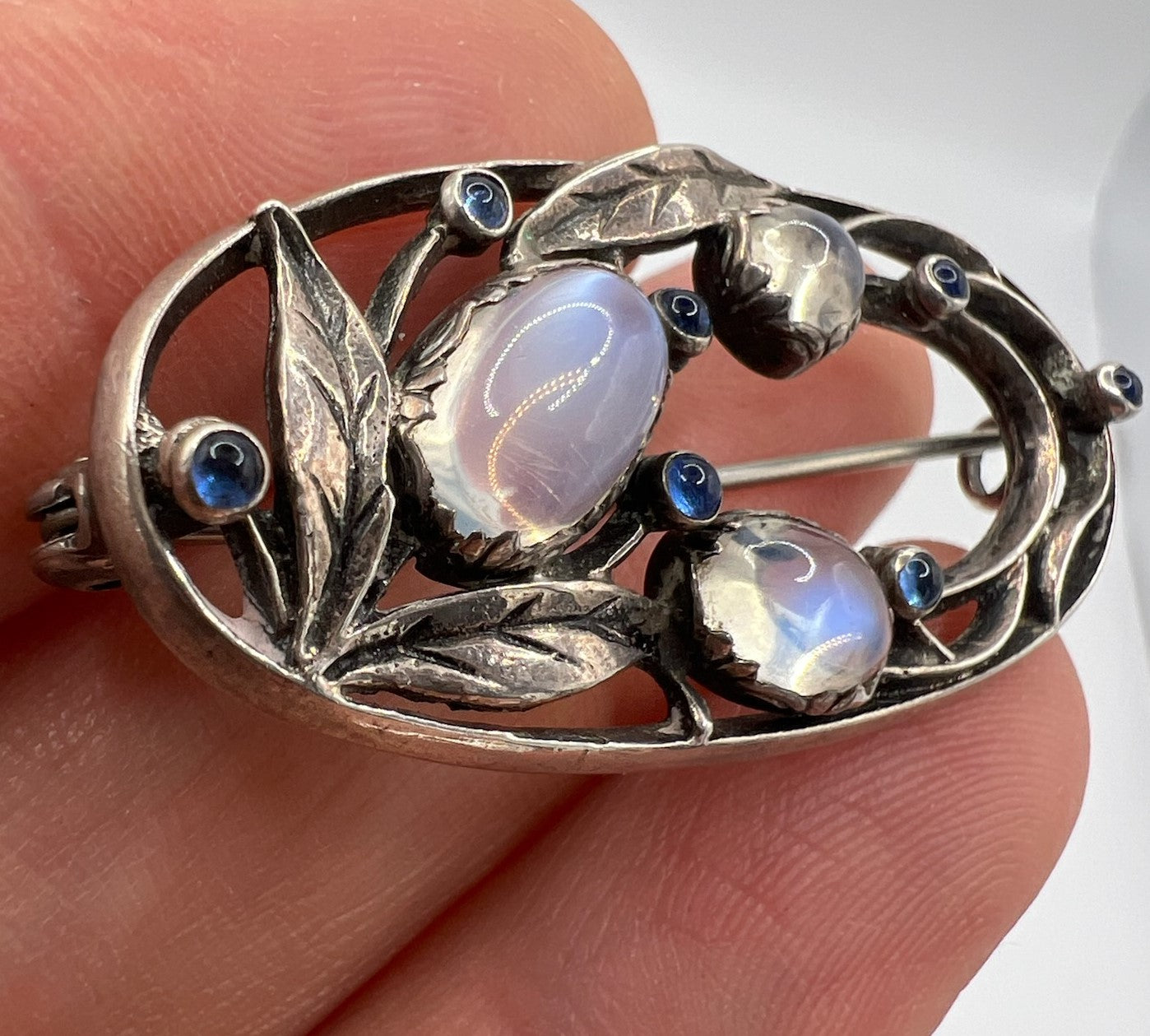 Dorrie Nossiter Arts & Crafts Moonstone Sapphire Brooch Pin