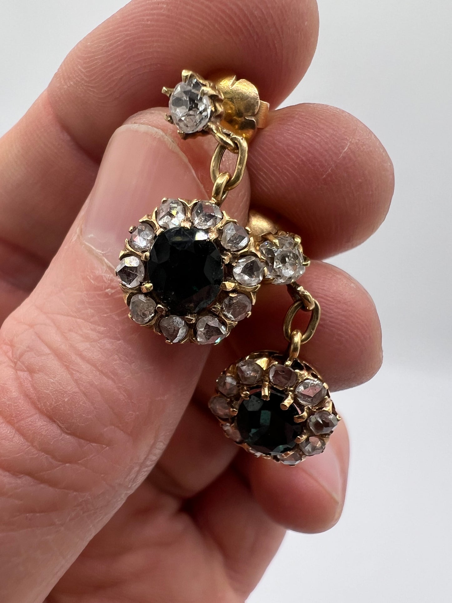 Antique Rose Cut Diamond Teal Sapphire Dangly Earrings