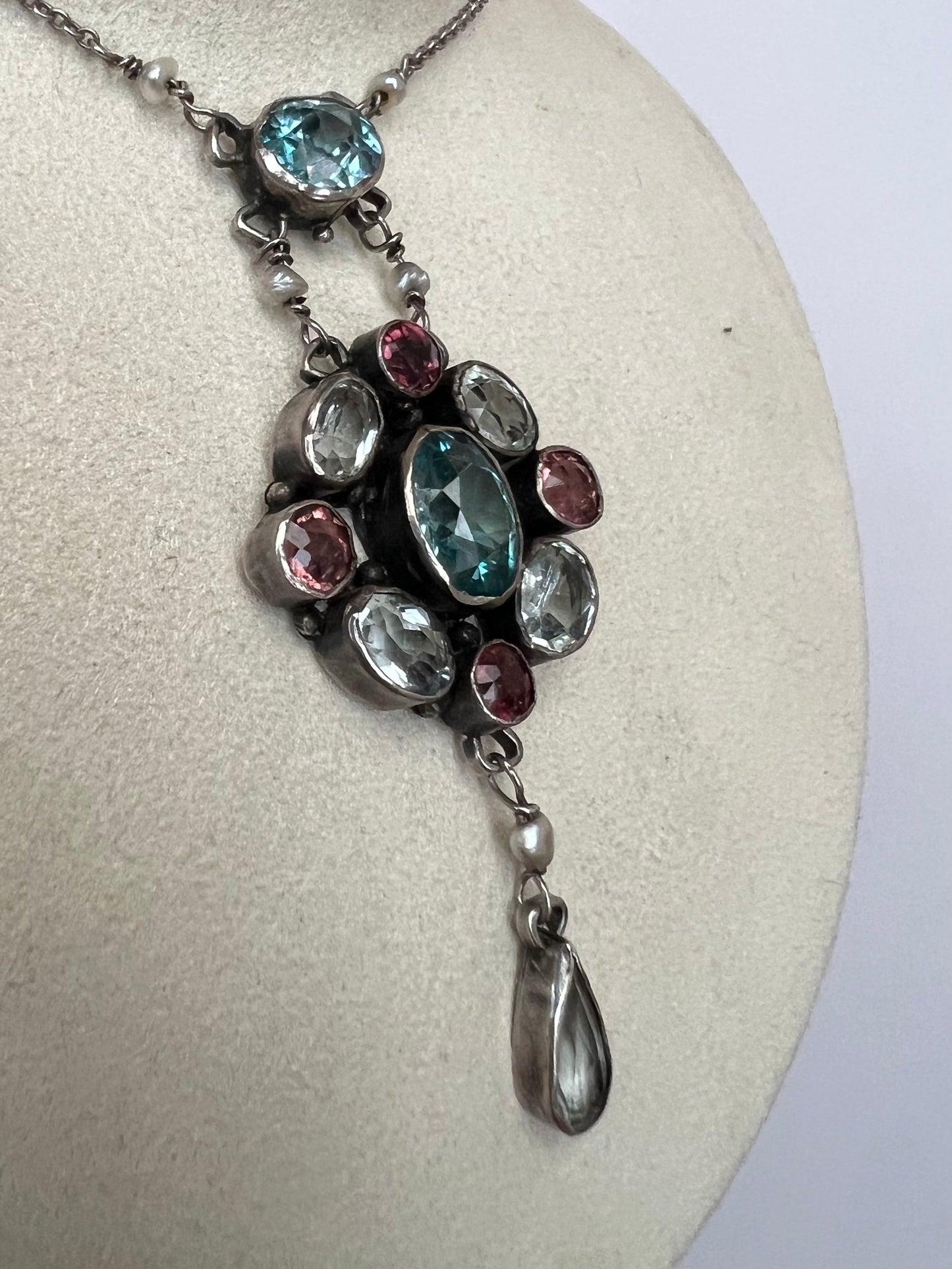Pink Tourmaline Blue Zircon Rock Crystal Arts & Crafts Silver Pendant. Reserved, please enquire