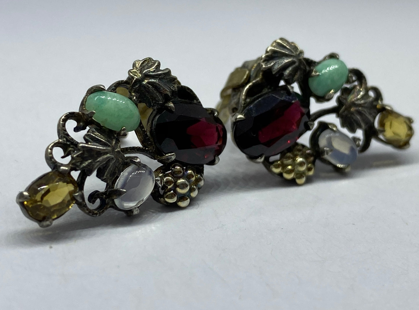 *Reserved* Dorrie Nossiter Gem Set Arts & Crafts Ear Clip Earrings
