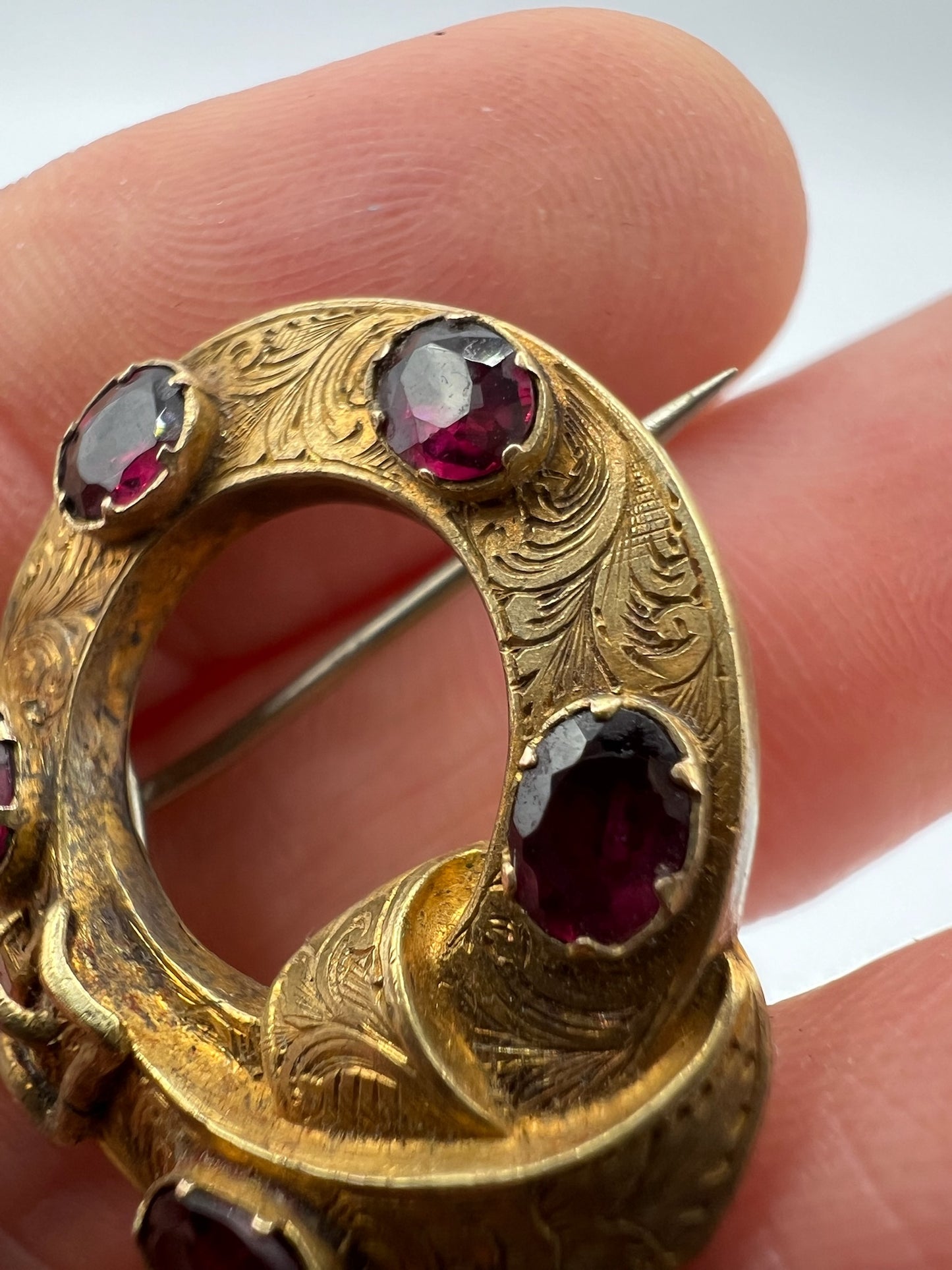 Scottish Victorian Gold Garnet Locket Back Memorial Brooch Pin