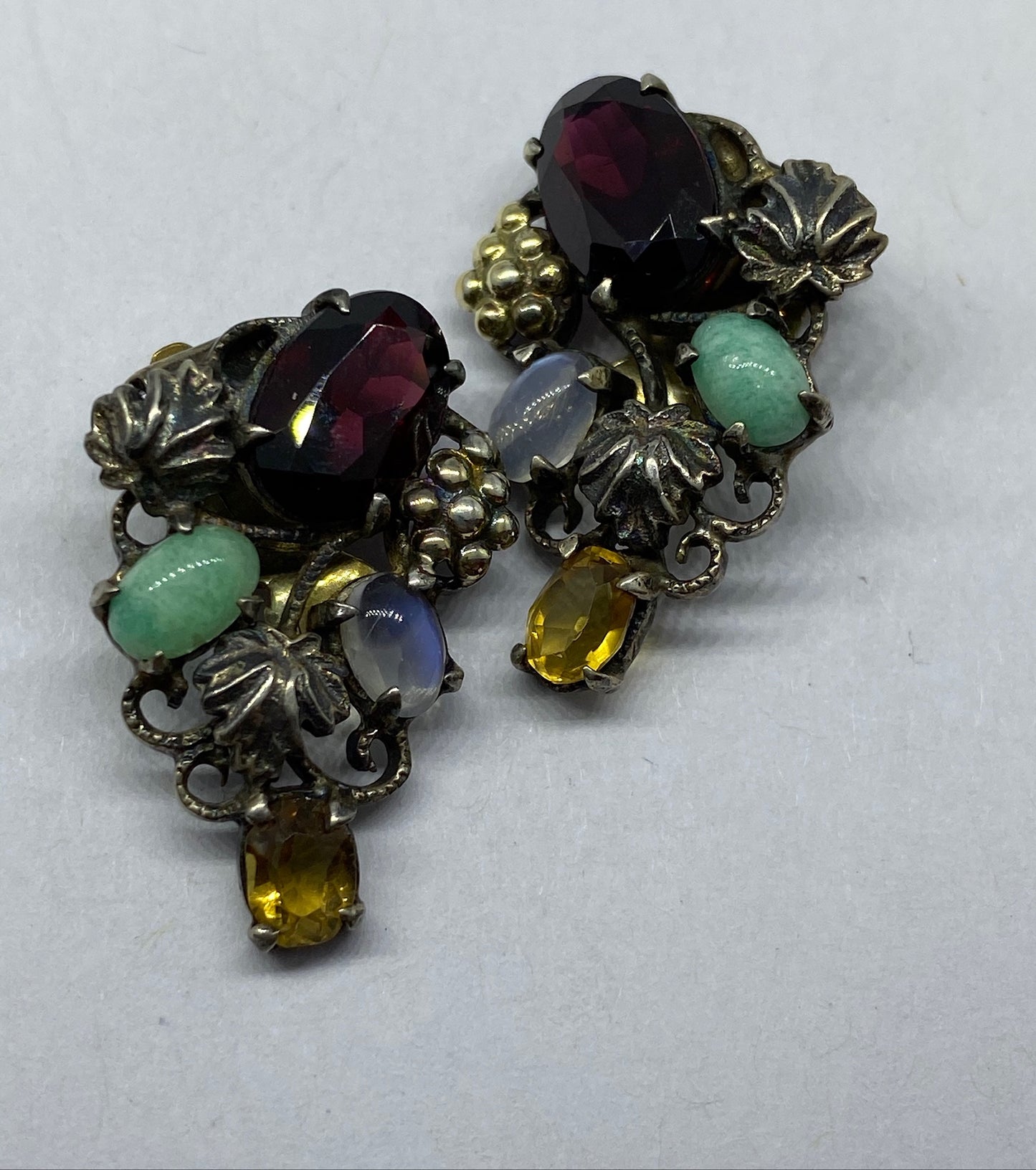 *Reserved* Dorrie Nossiter Gem Set Arts & Crafts Ear Clip Earrings