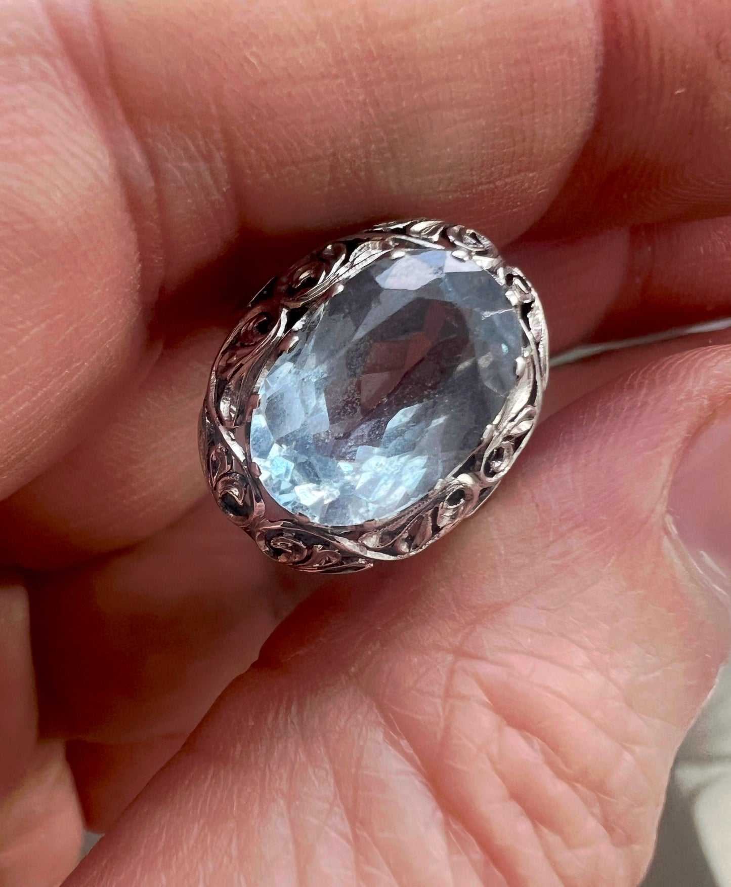 Arts & Crafts Era White Gold Oval Aquamarine Ring