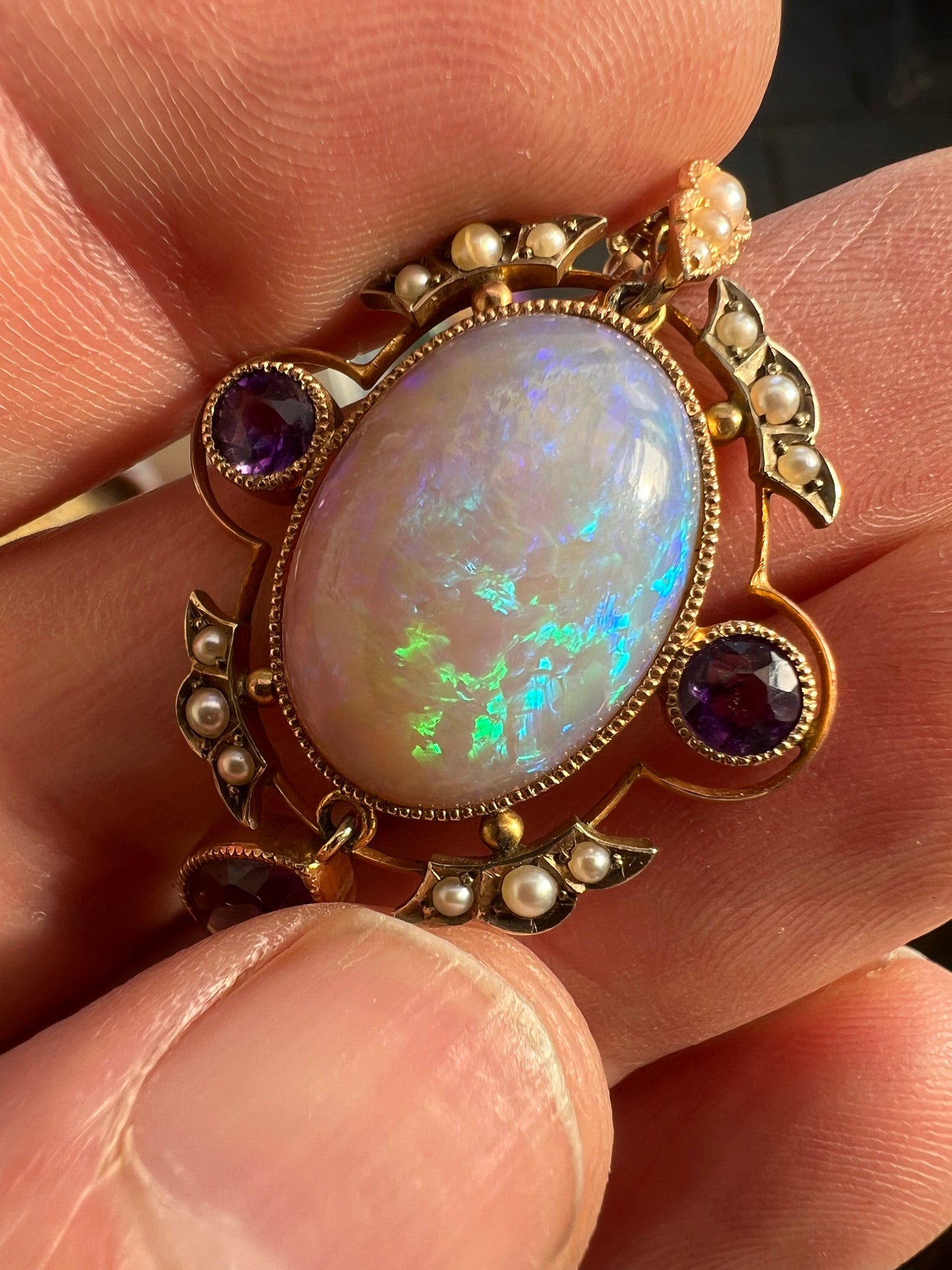 Striking Antique Large Opal Amethyst & Seed Pearl Pendant & Chain