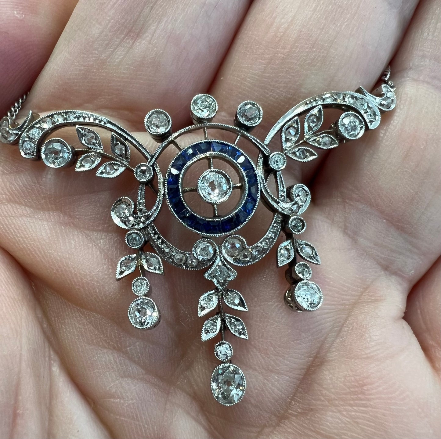 Antique Belle Époque diamond 18ct White Gold Sapphire Lavalier Necklace