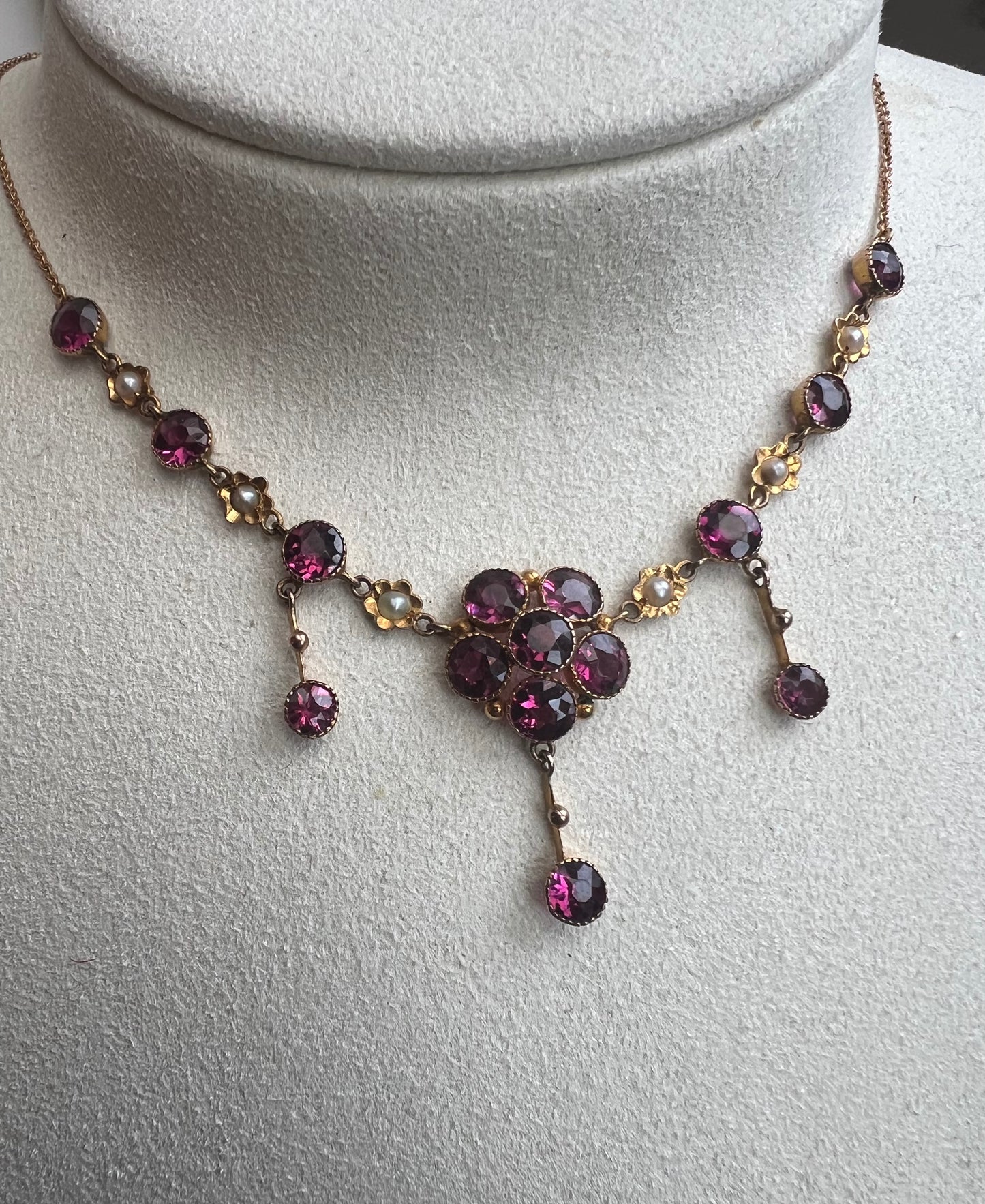 Pretty Murrle Bennett Bennet Almandine Garnet And Gold Antique Flower Necklace