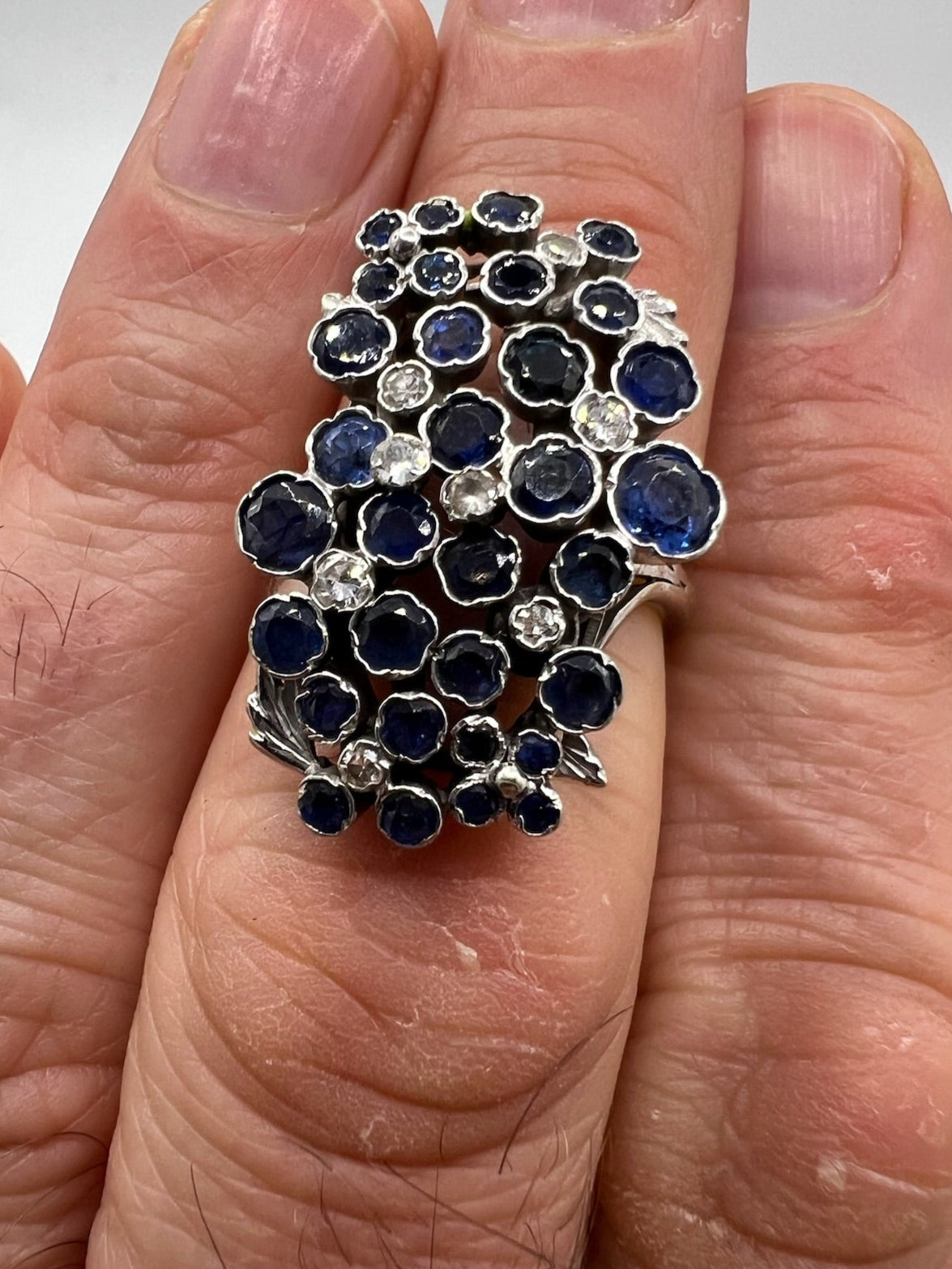 Vintage Sapphire Diamond Carpet of Flowers Modernist Cocktail Ring in 18ct White Gold