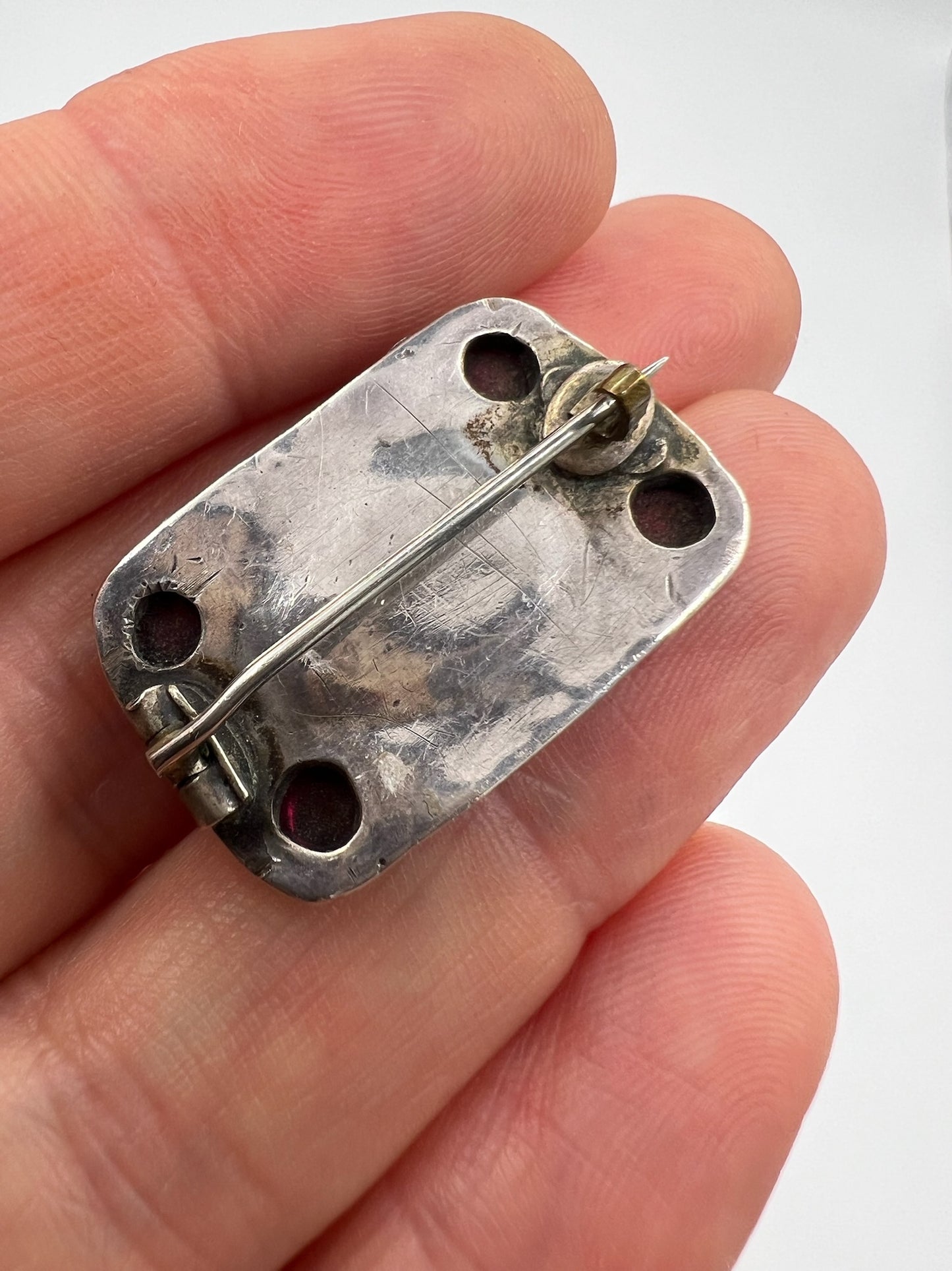 British Arts & Crafts Blister Pearl Garnet Silver Brooch