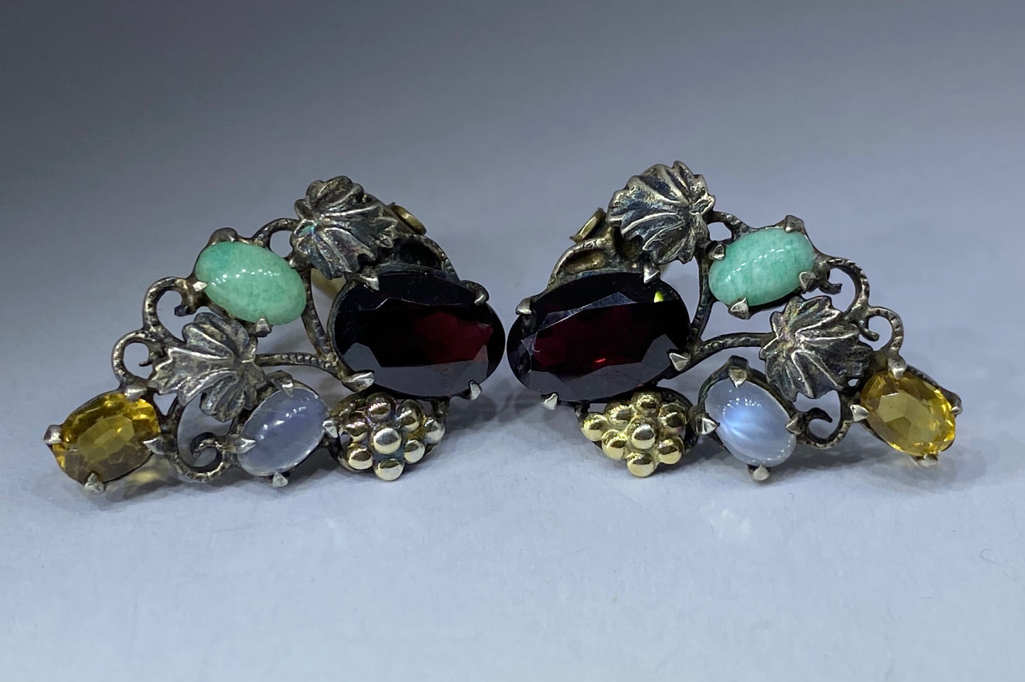 *Reserved* Dorrie Nossiter Gem Set Arts & Crafts Ear Clip Earrings