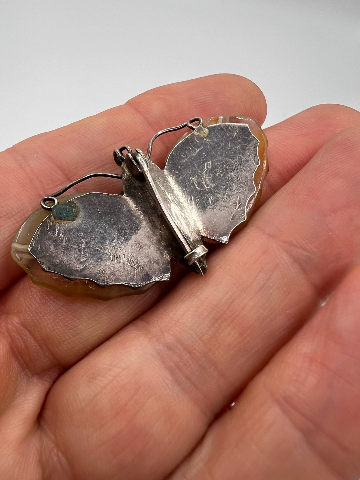 Unique Arts & Crafts Silver and Agate Butterfly Brooch