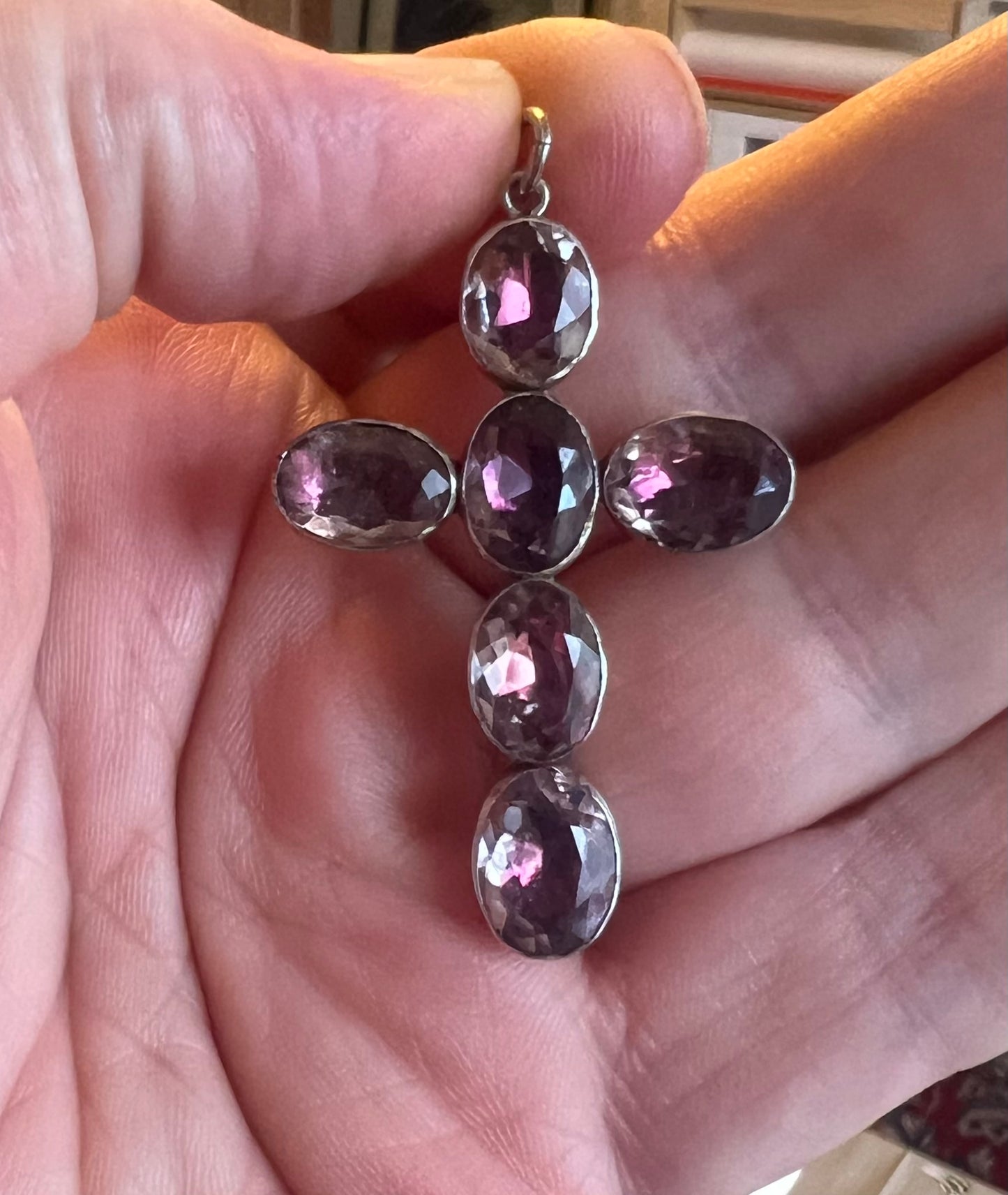 Georgian Foiled Rock Crystal Amethyst Silver Crucifix Cross Regency Pendant Flat Back