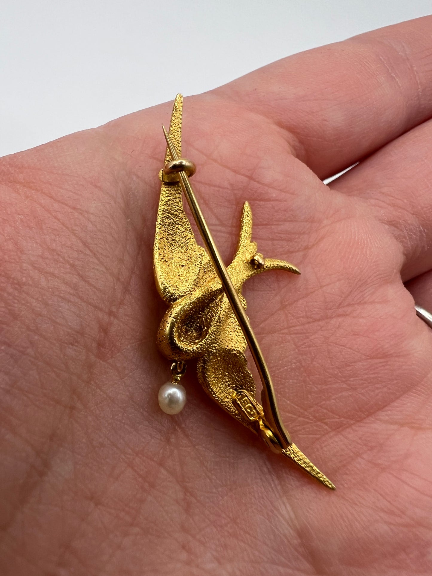 RESERVED 15ct Gold Swallow With Pearl Brooch