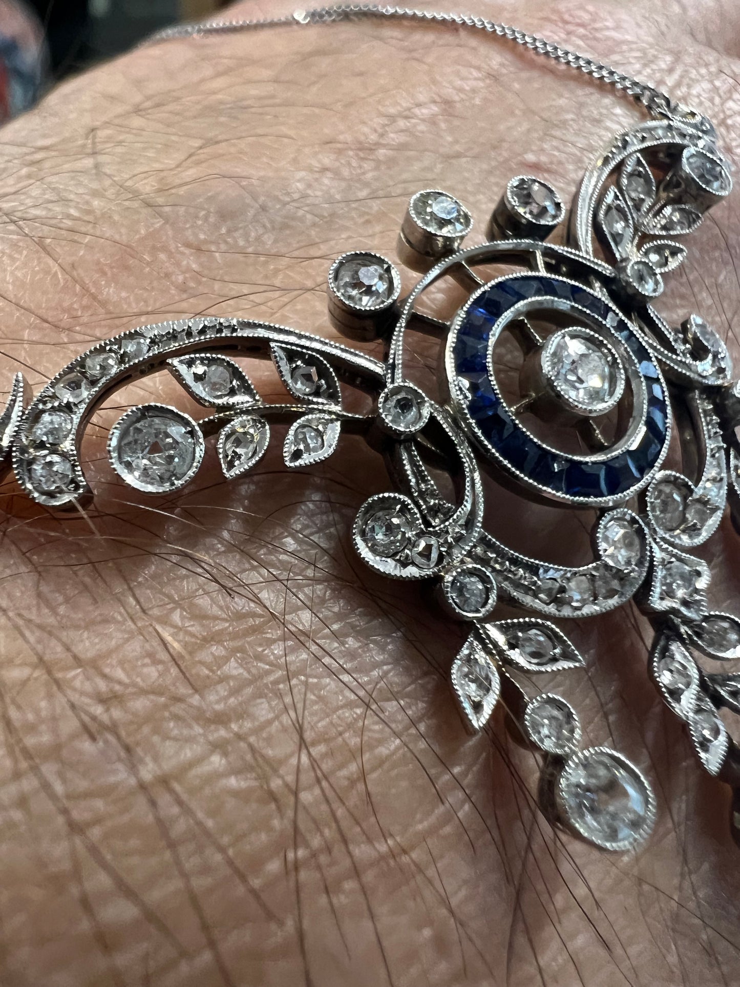 Antique Belle Époque diamond 18ct White Gold Sapphire Lavalier Necklace