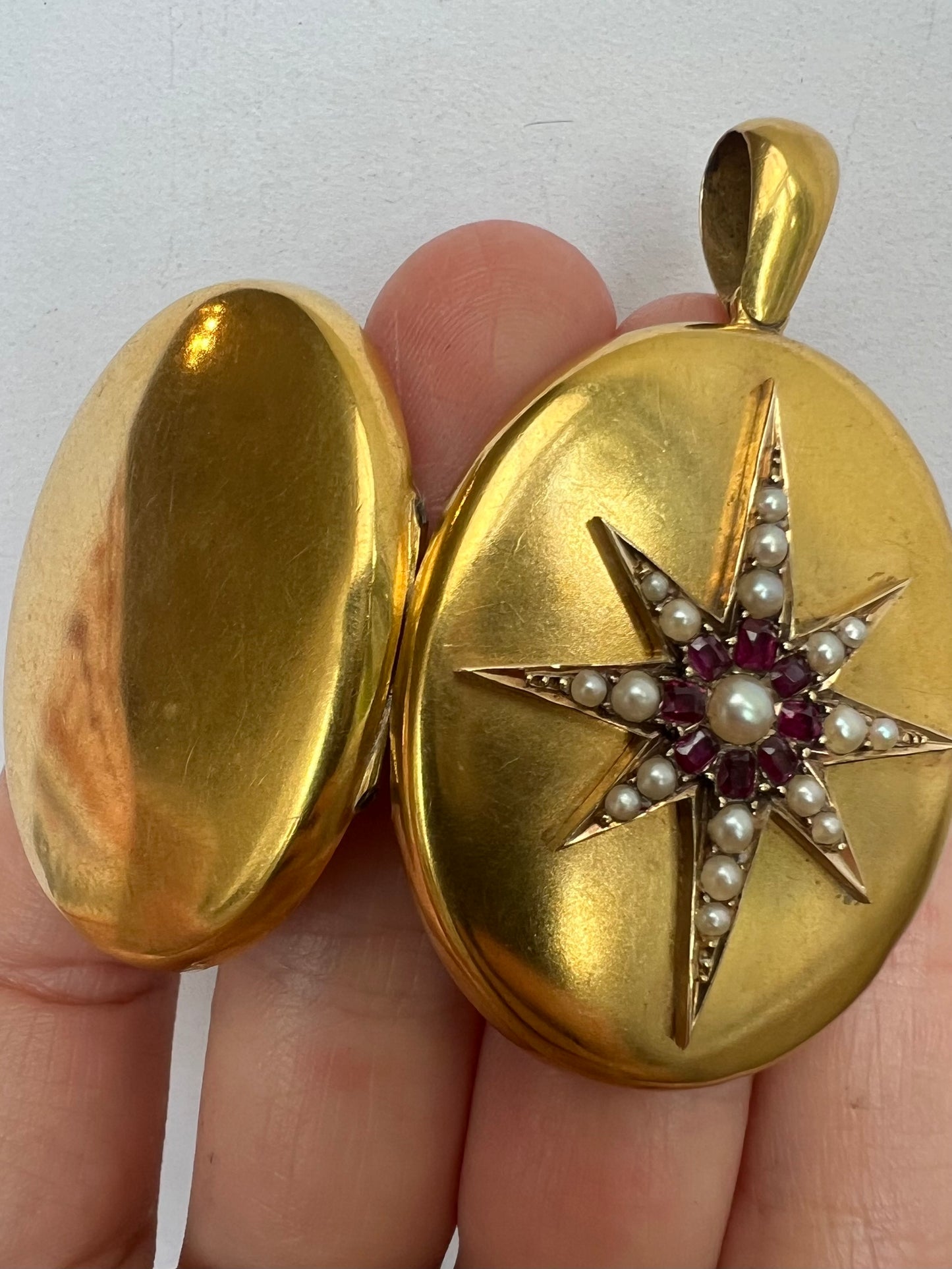 Victorian Gold Ruby Pearl Large Locket Star Pendant