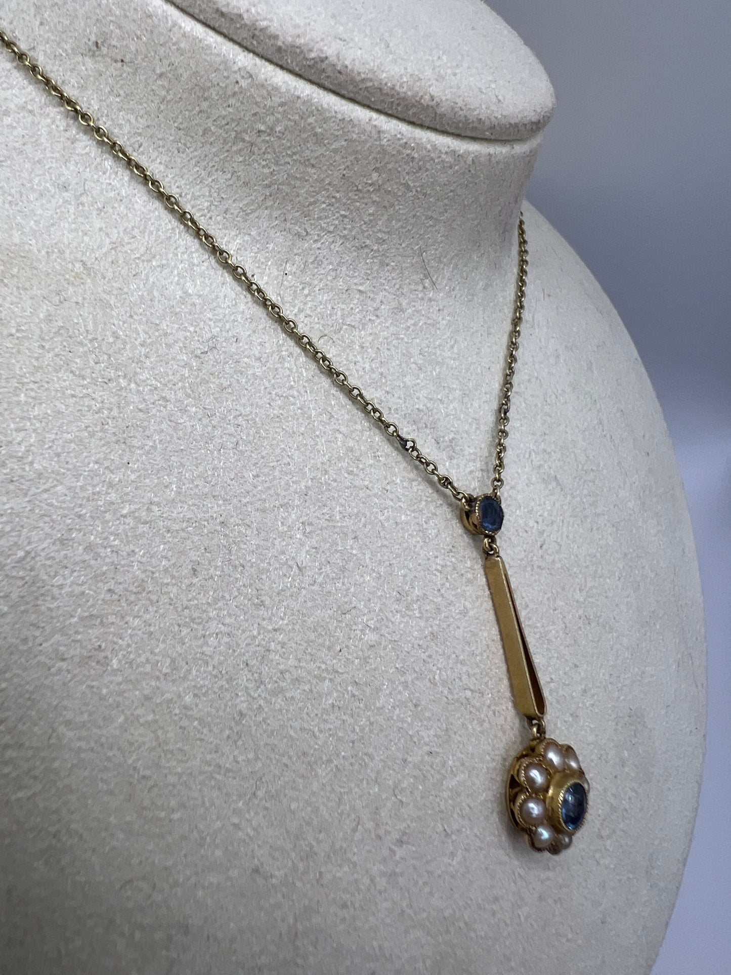 Cornflower Blue Sapphire Daisy Pearl Edwardian Pendant 15ct Gold