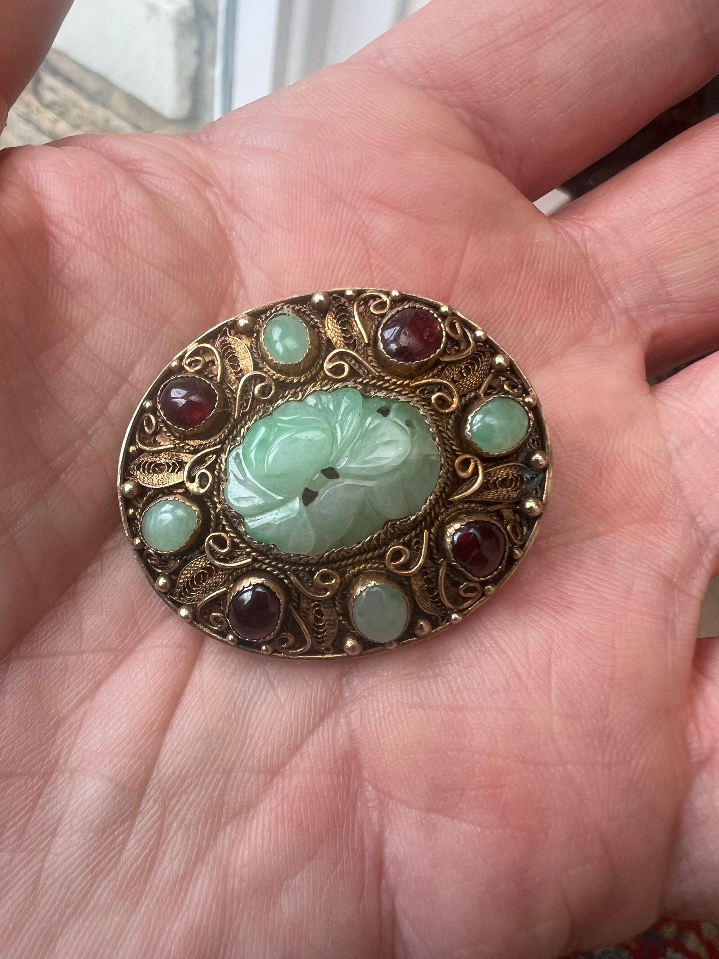 Art Deco Chinese Jade Garnet Silver Filigree Parcel Gilt Brooch