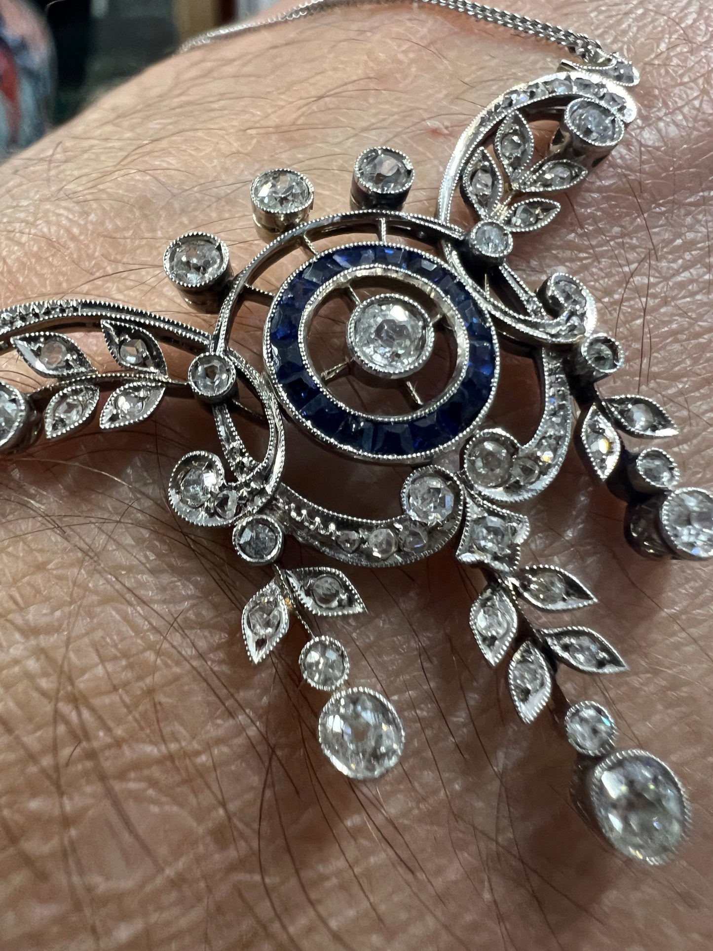 Antique Belle Époque diamond 18ct White Gold Sapphire Lavalier Necklace