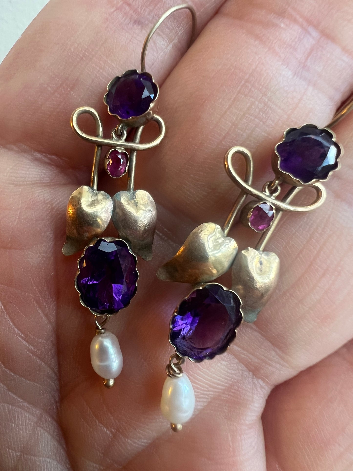 Art Nouveau Gold Amethyst Pearl Ruby Dangly Earrings