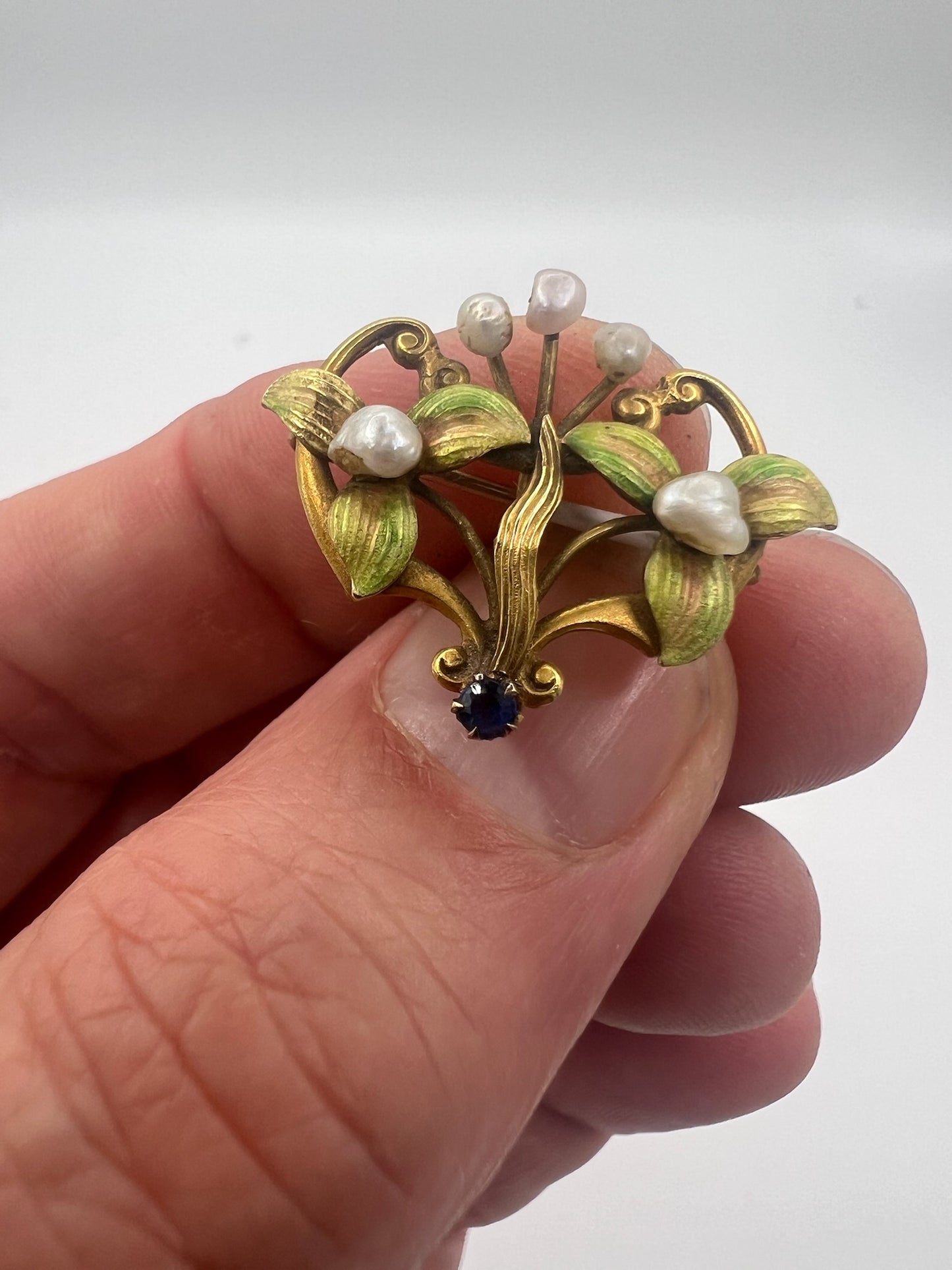 Sweet Gold Pearl Sapphire Enamel Art Nouveau Brooch Pin / Pendant