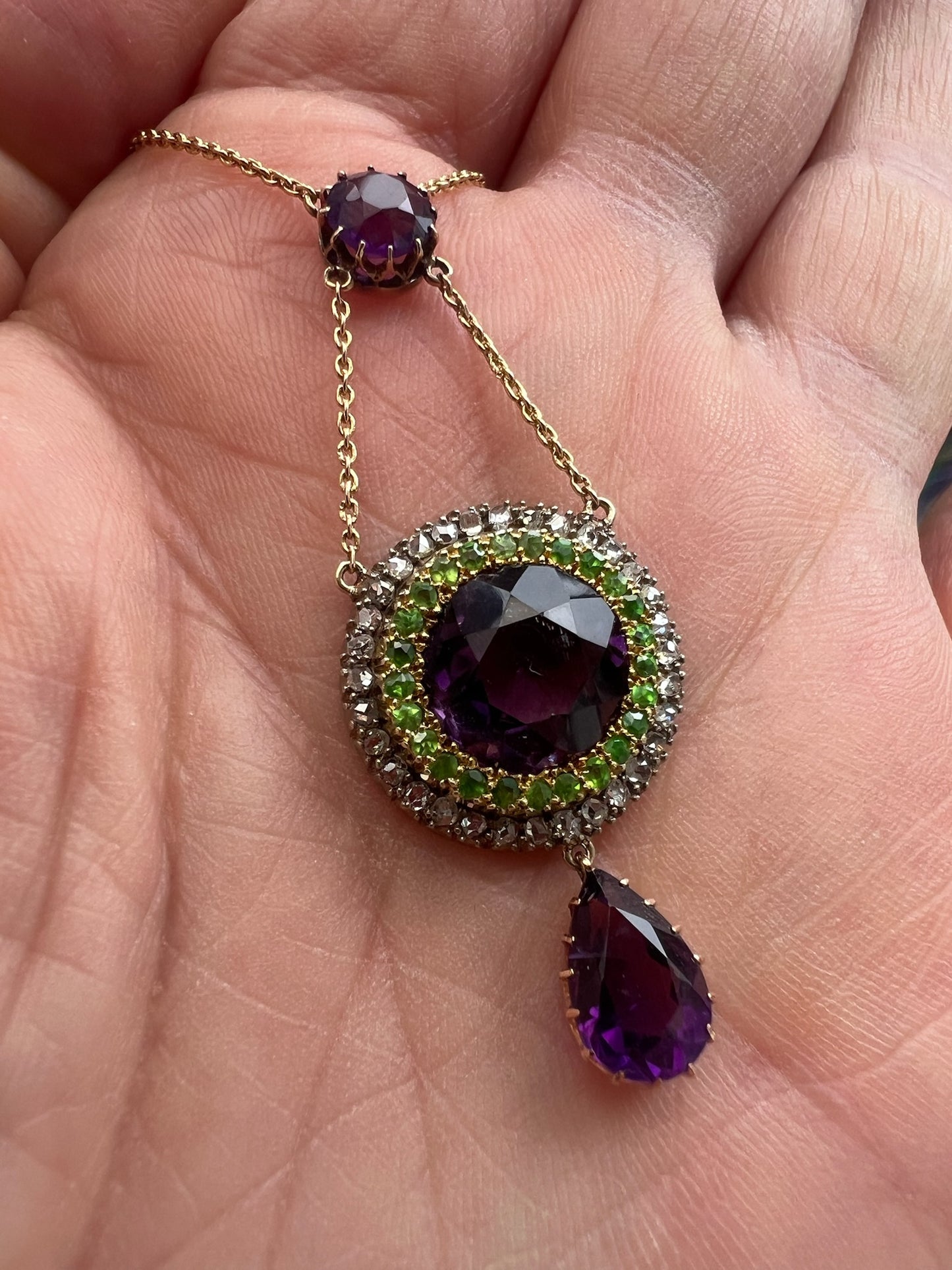 Edwardian Suffragette Demantoid Green Garnet Diamond Amethyst Necklace 15ct Gold