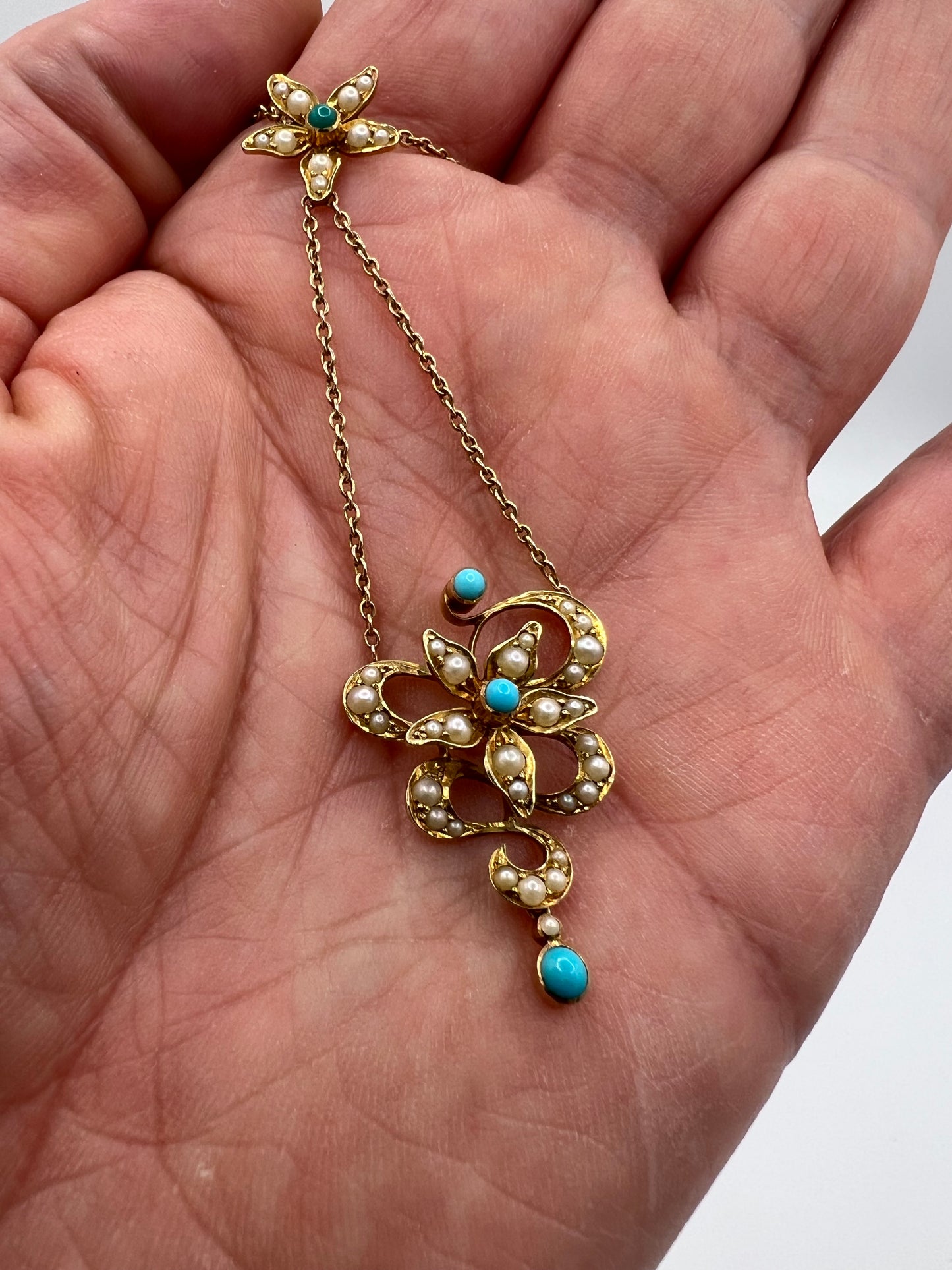 Art Nouveau Edwardian 15ct Gold Turquoise Pearl Necklace