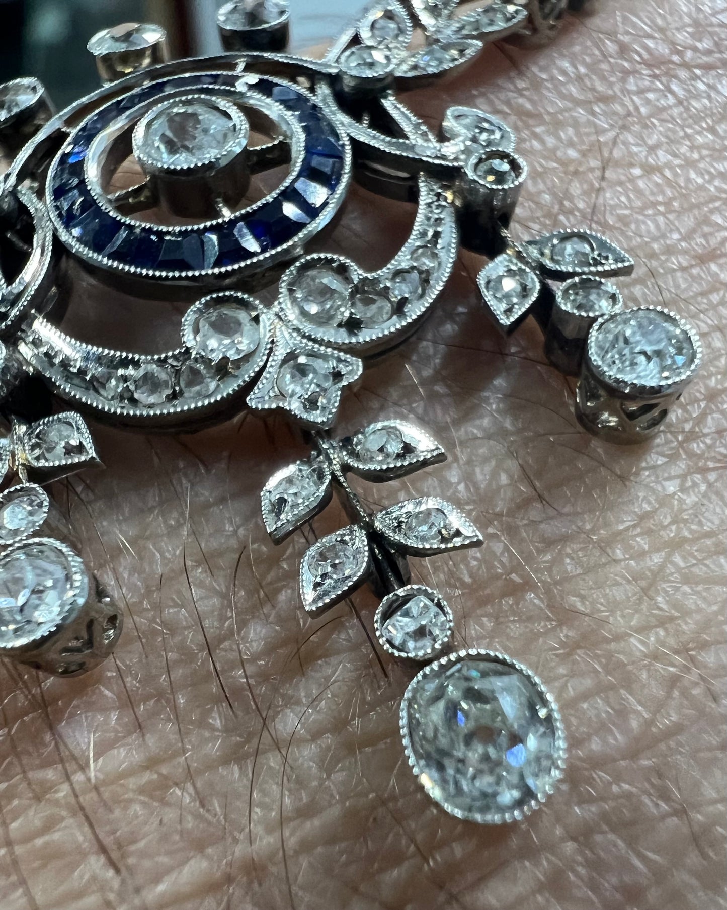 Antique Belle Époque diamond 18ct White Gold Sapphire Lavalier Necklace