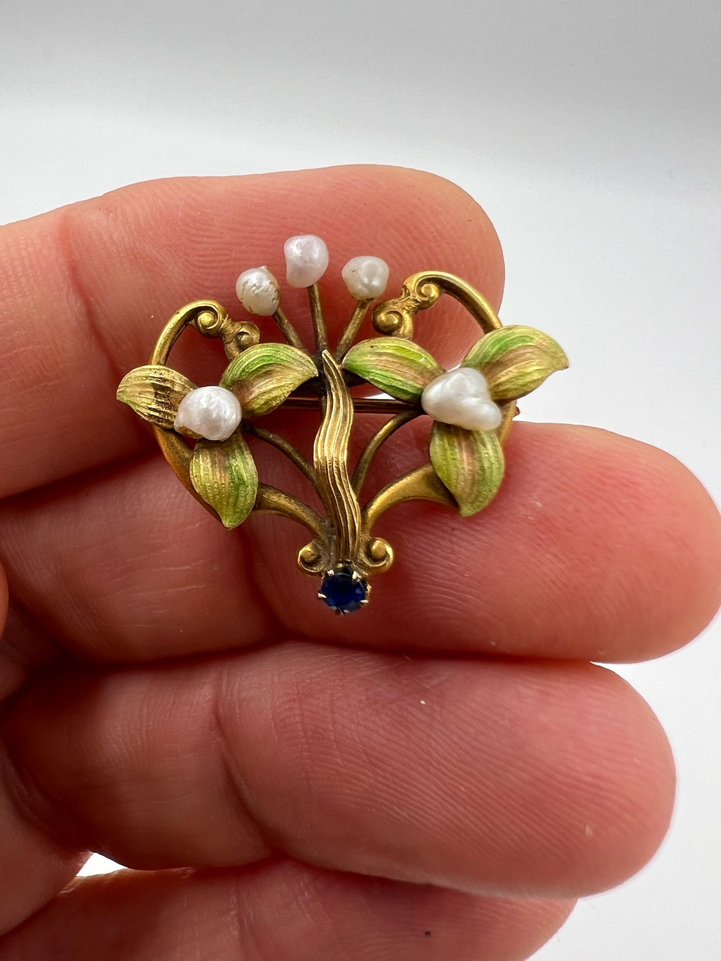 Sweet Gold Pearl Sapphire Enamel Art Nouveau Brooch Pin / Pendant
