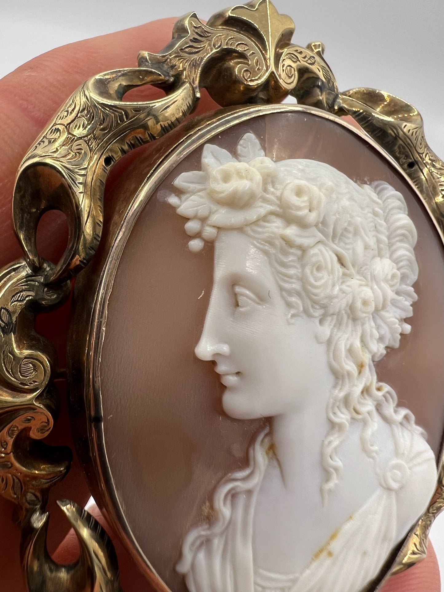 Beautifully Carved Large Antique Cameo Brooch in Gold Frame Locket Back