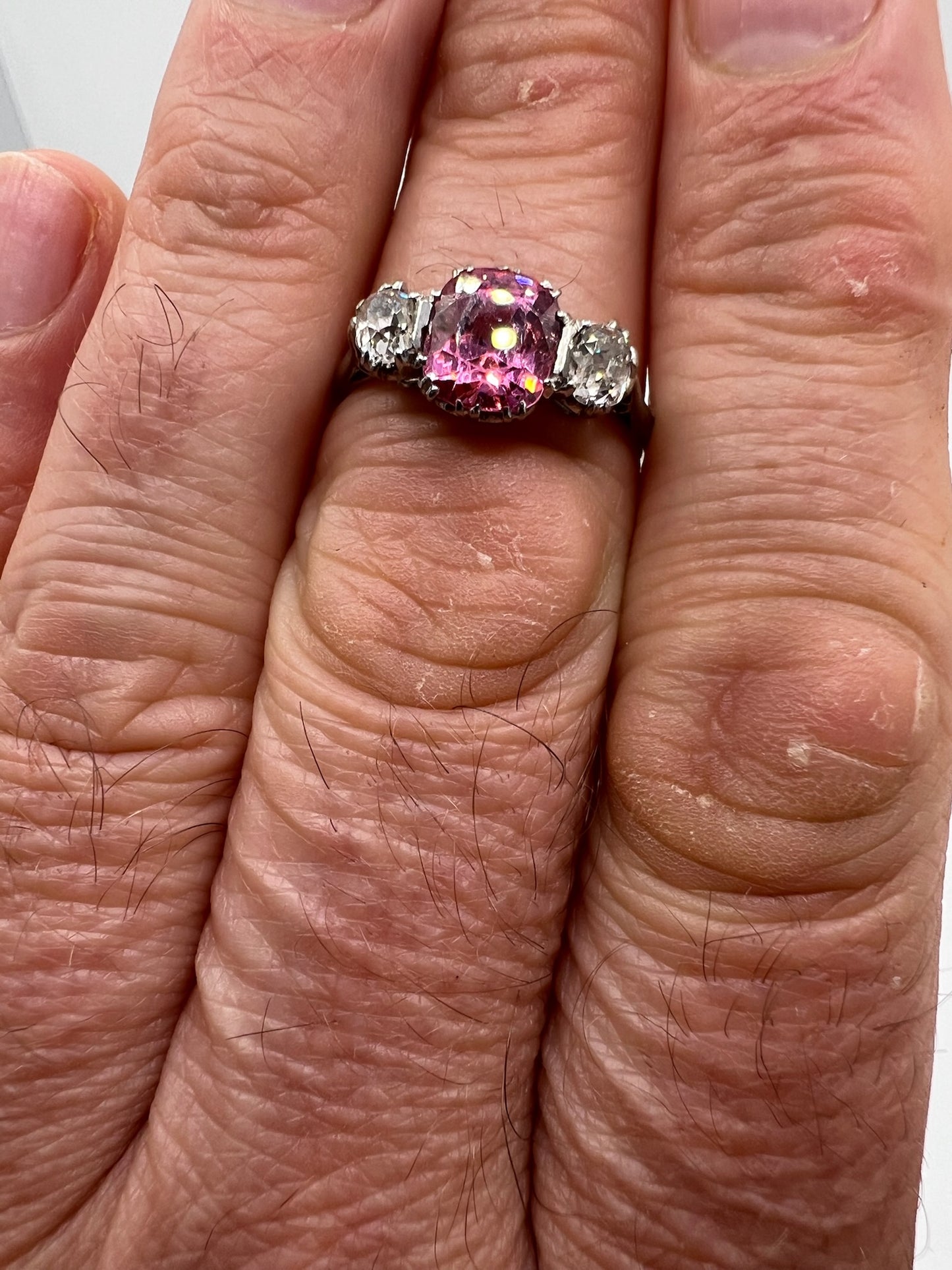 *Awaiting lab report* Natural Pink Orange Parti Sapphire Diamond 1940s Late Art Deco Palladium Ring