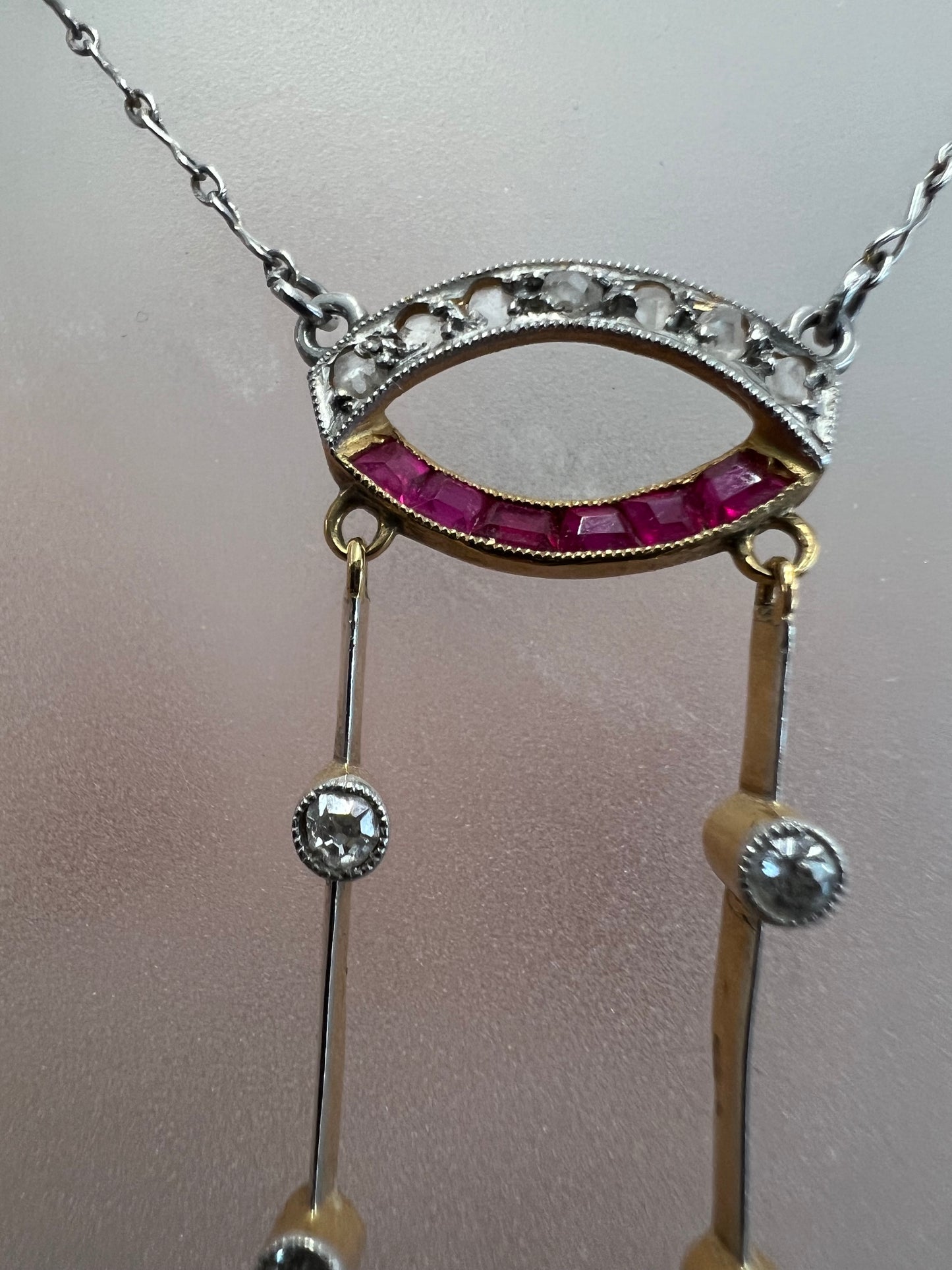 French Early Art Deco Ruby Diamond Neglige Pendant 18ct Gold