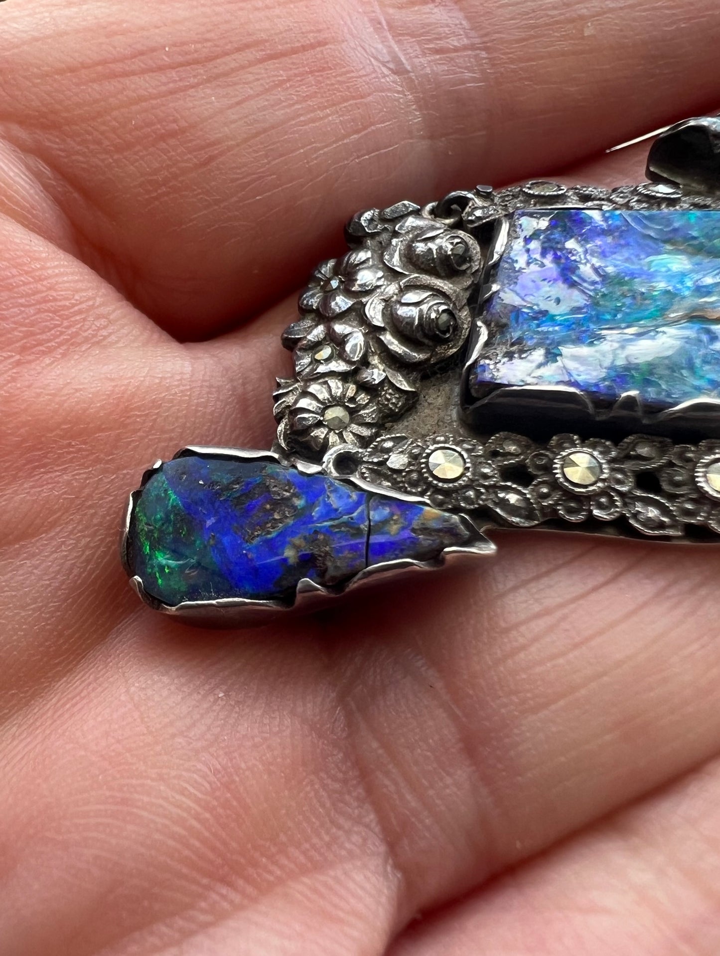 British Arts & Crafts Boulder Opal Silver Brooch