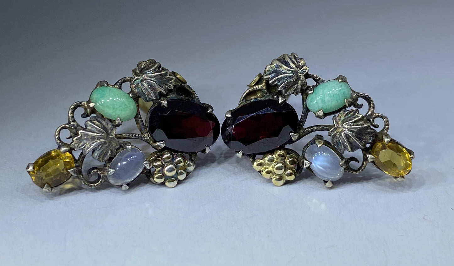 *Reserved* Dorrie Nossiter Gem Set Arts & Crafts Ear Clip Earrings