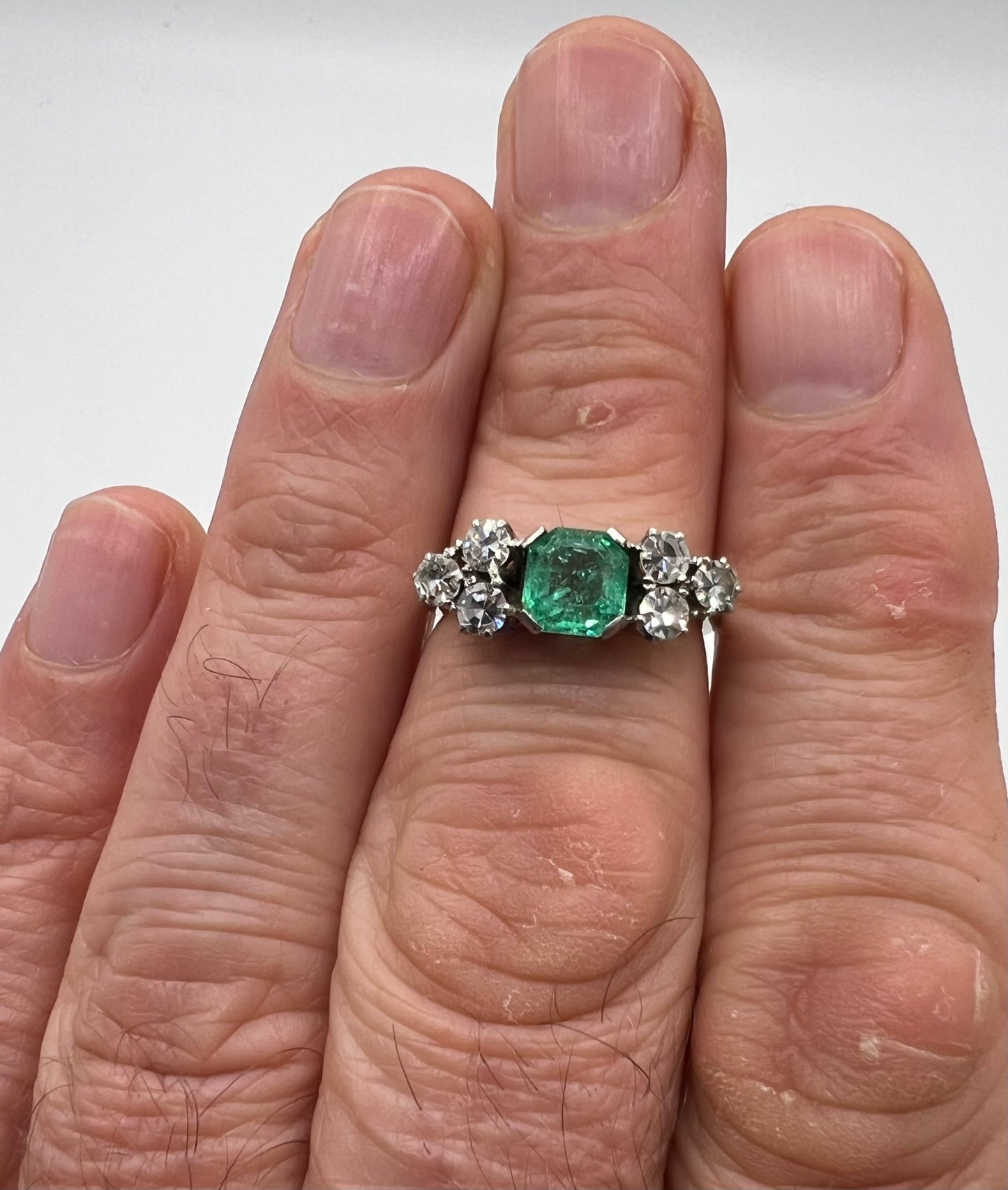 Late Art Deco Step Cut Square Emerald Platinum Ring With Diamond Shoulders