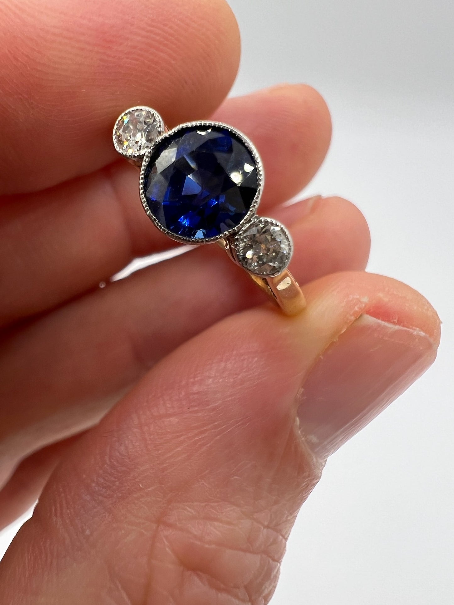 *Reserved* Deep Kashmir Blue Art Deco Sapphire Diamond Trilogy Ring 18ct Yellow Gold And Platinum