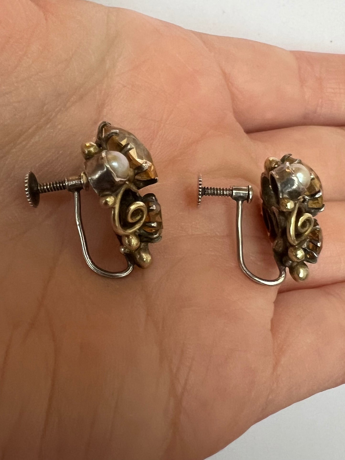 Dorrie Nossiter Citrine Pearl Arts & Crafs Screw Back Earrings