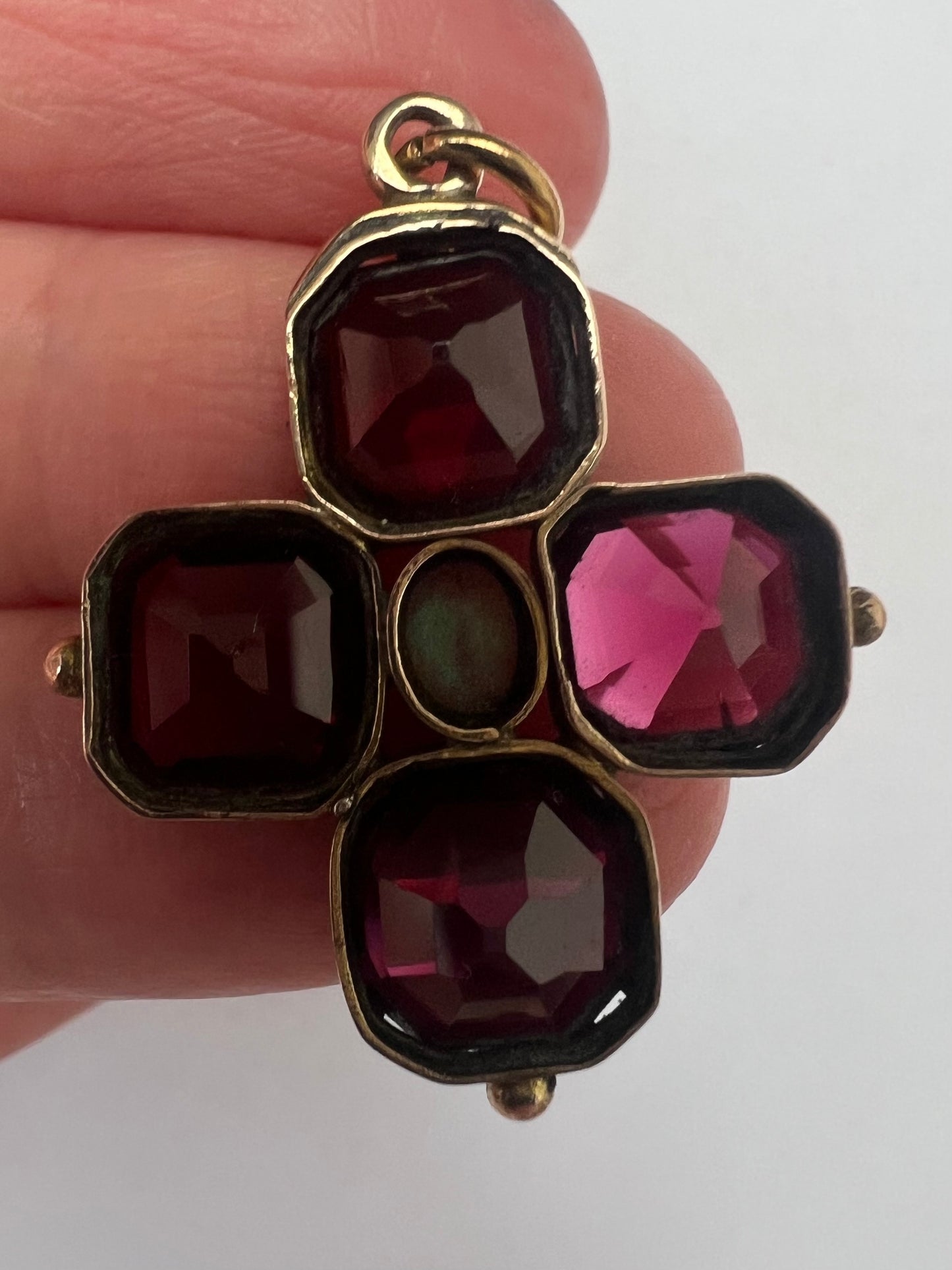 Georgian Revival Victorian Gold Almandine Garnet Opal Cruciform Pendant