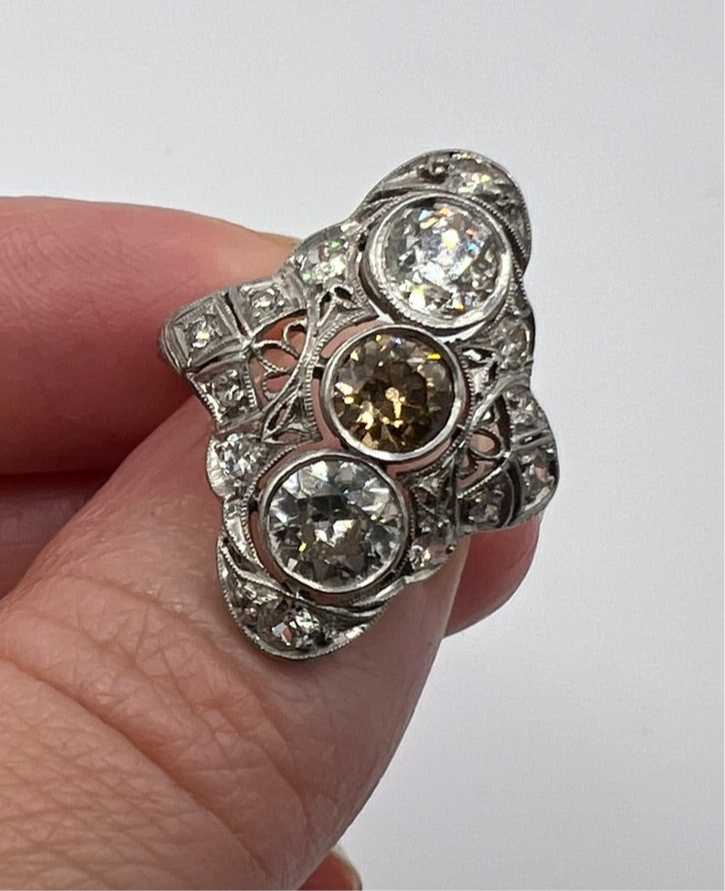 Art Deco Old Cut Diamond Trilogy Up and Down Engagement Ring in Platinum