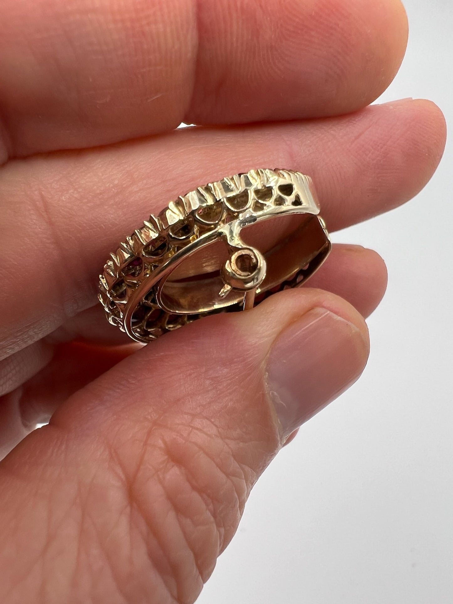 Antique Gold Diamond Ruby Crescent Brooch Pin in Original Box