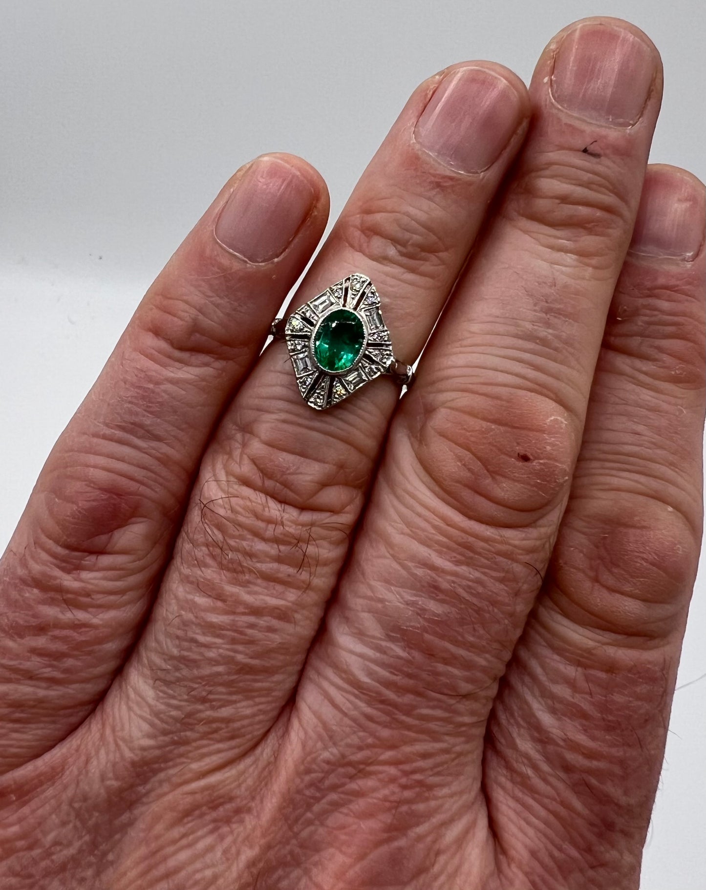 Art Deco Style Emerald Platinum Diamond Ring