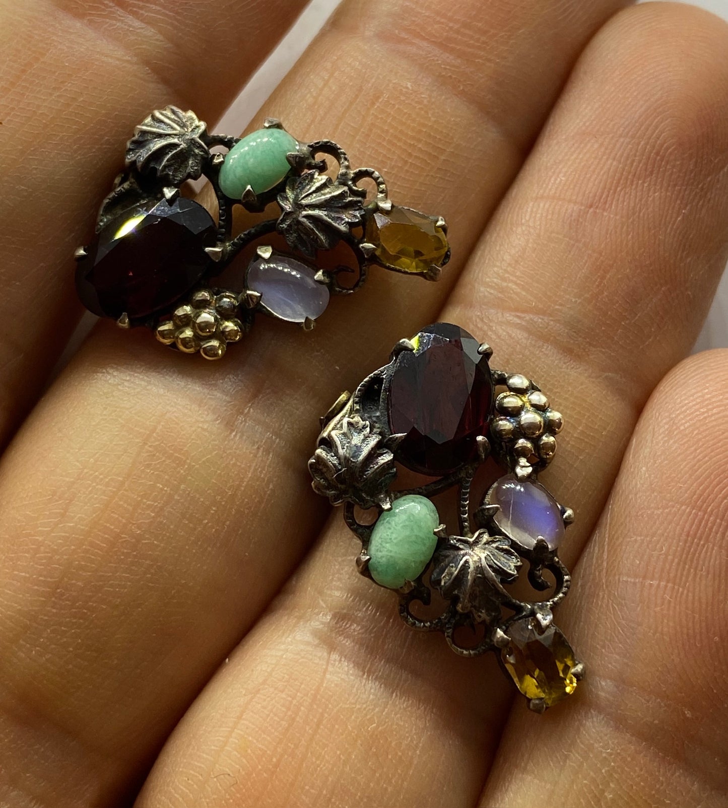 *Reserved* Dorrie Nossiter Gem Set Arts & Crafts Ear Clip Earrings