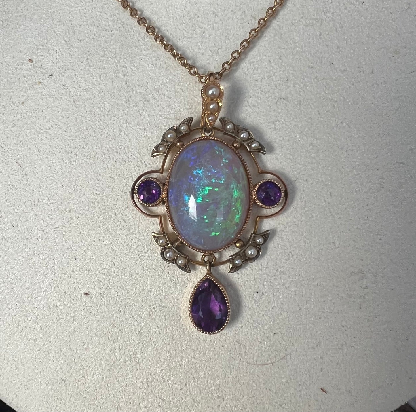 Striking Antique Large Opal Amethyst & Seed Pearl Pendant & Chain
